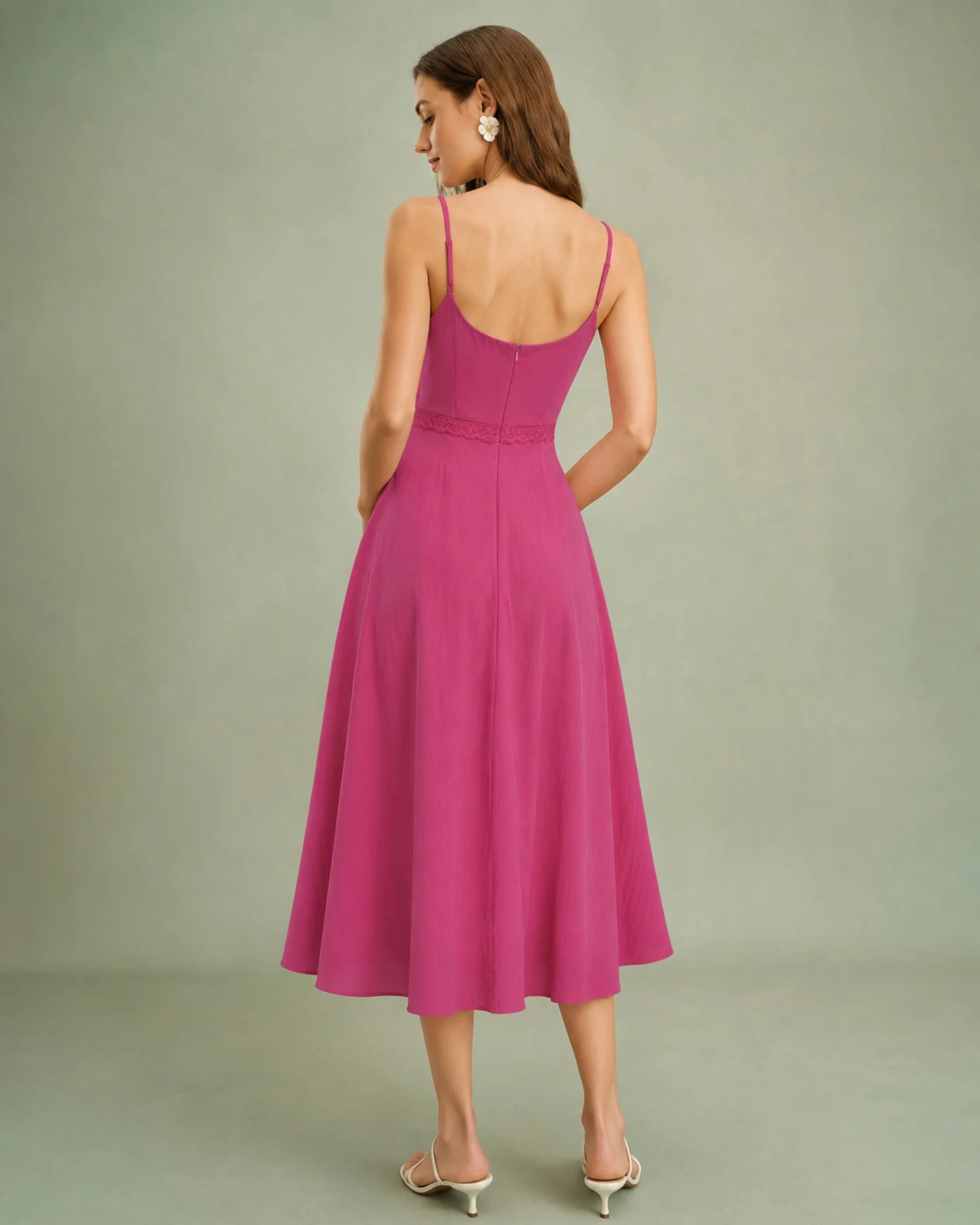 Pink Lace Pockets Slip Midi Dress - Image 4