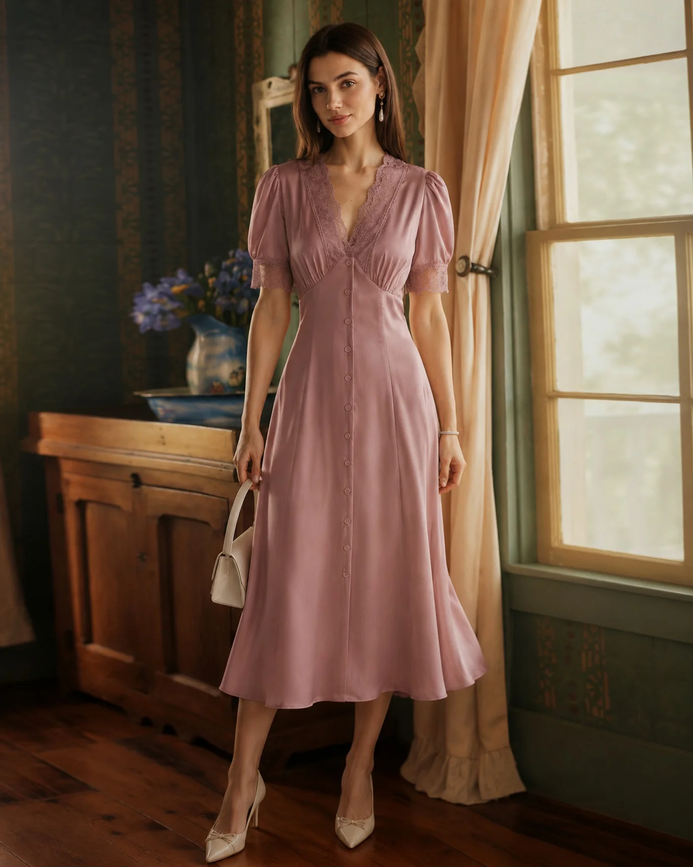 Pink Lace Splicing Satin Midi Dress - Image 2