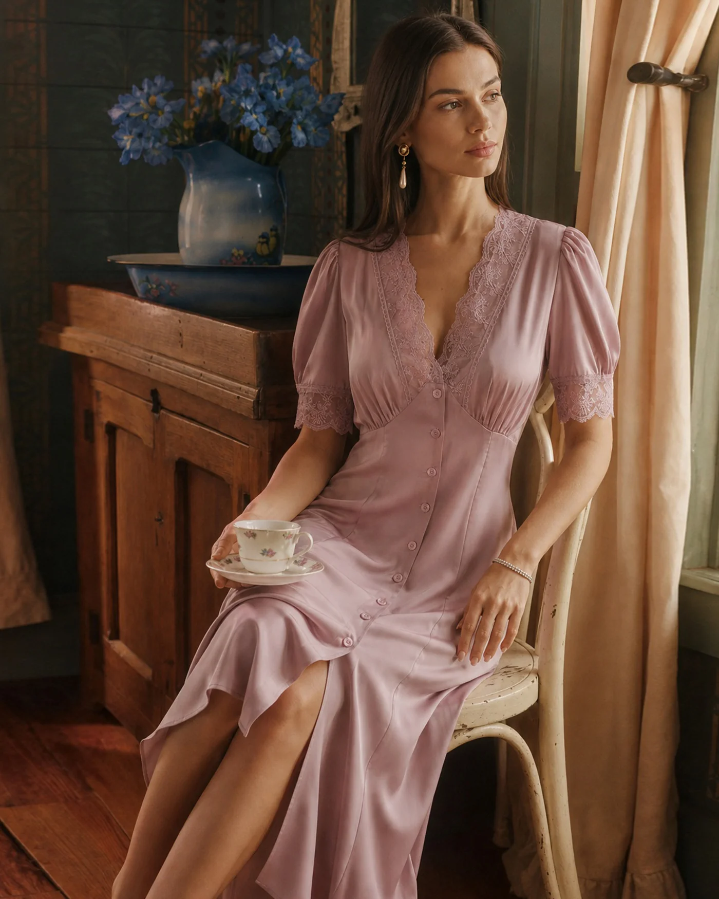 Pink Lace Splicing Satin Midi Dress - Image 3