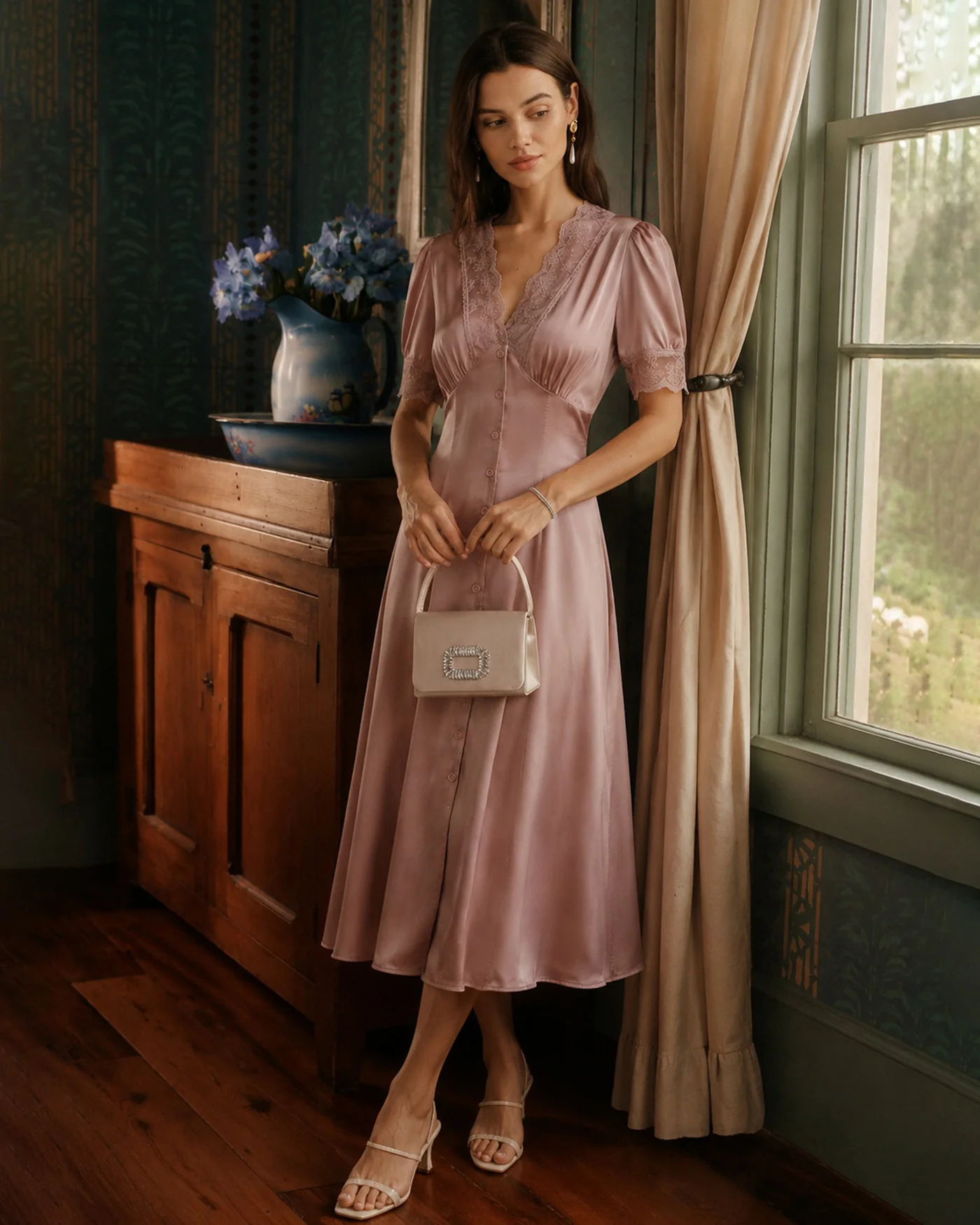 Pink Lace Splicing Satin Midi Dress - Image 4