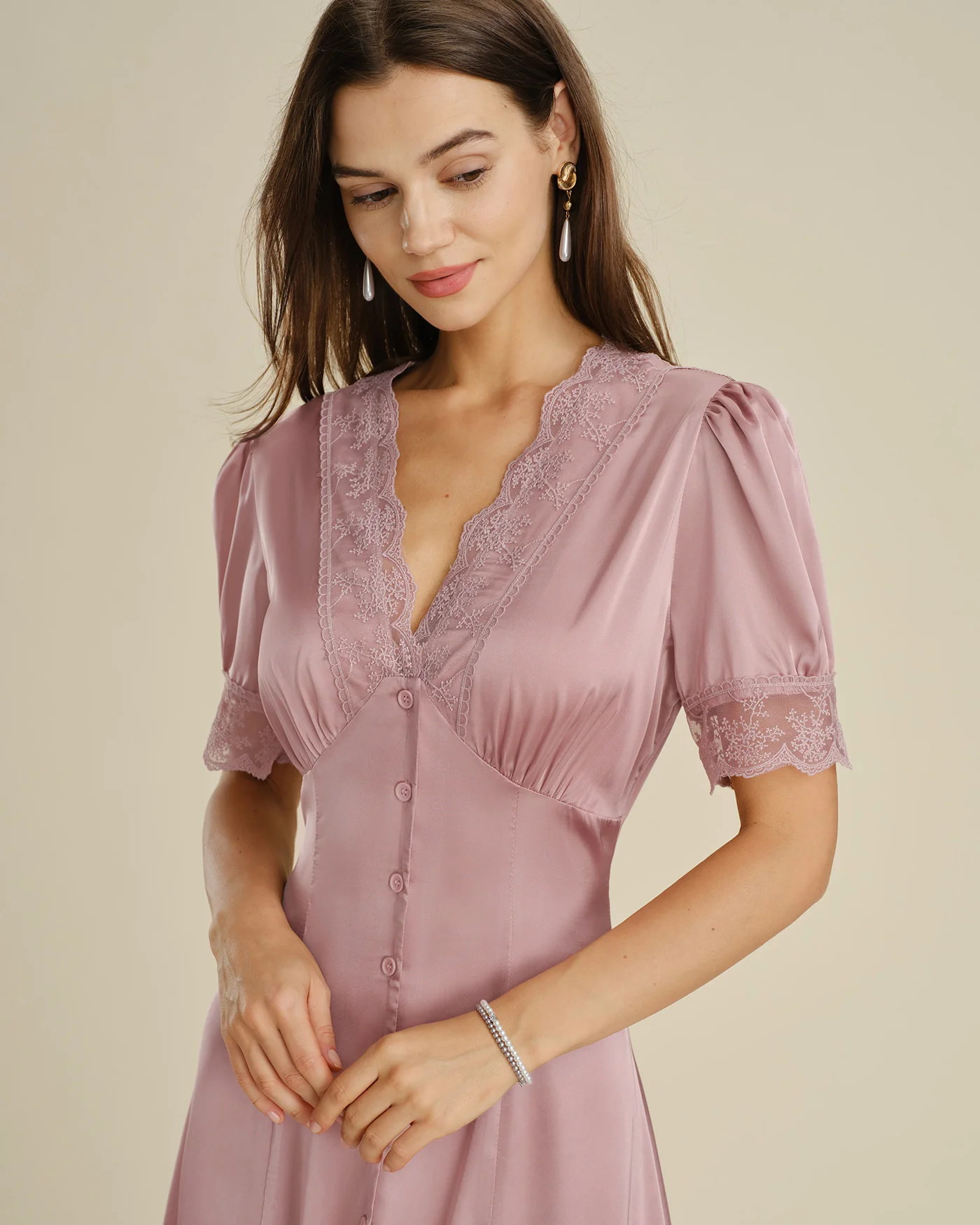 Pink Lace Splicing Satin Midi Dress - Image 5