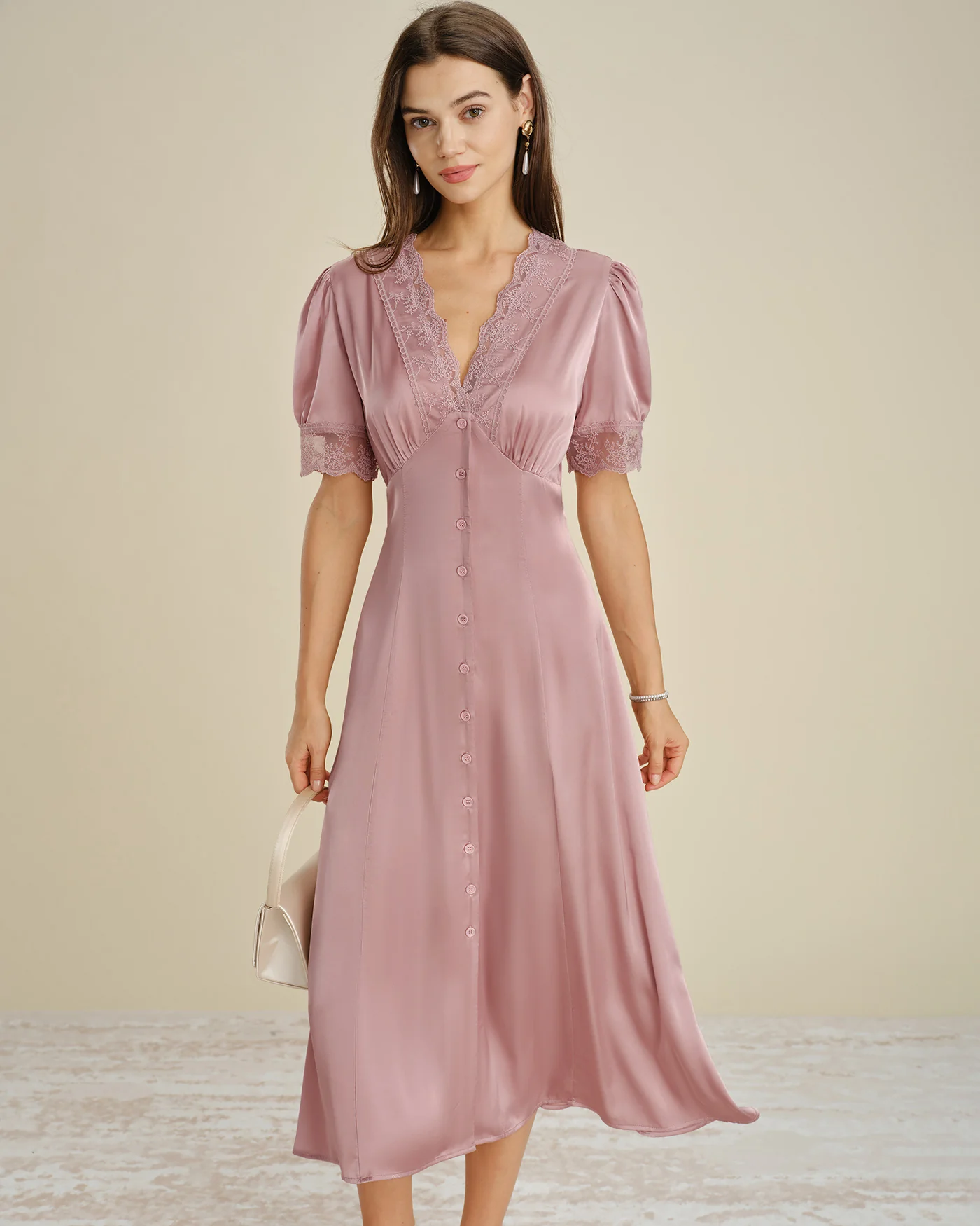 Pink Lace Splicing Satin Midi Dress - Image 7