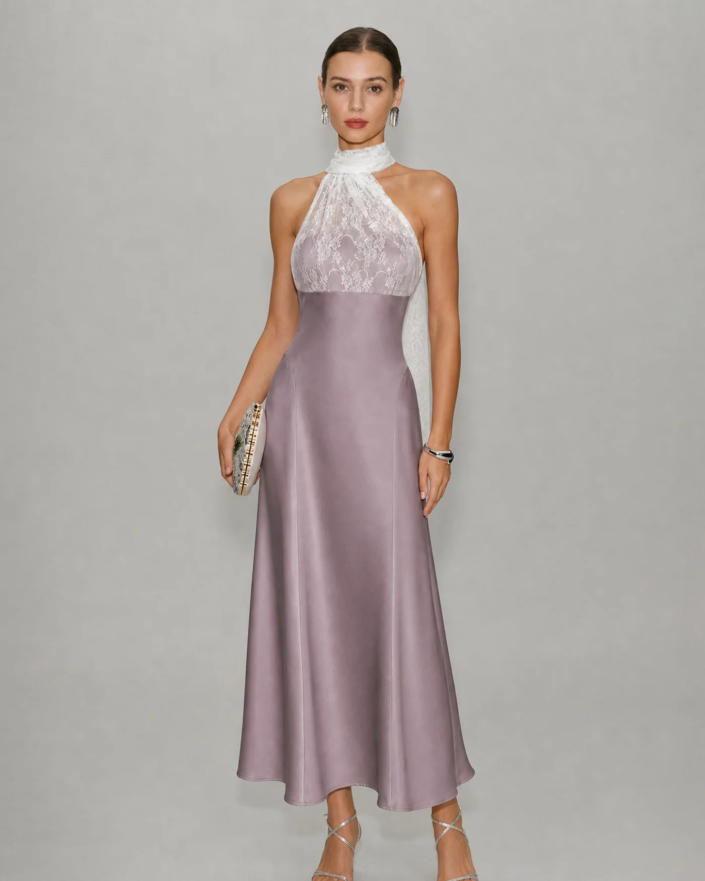 Pink One Shoulder Lace Splicing Maxi Dress - Image 3