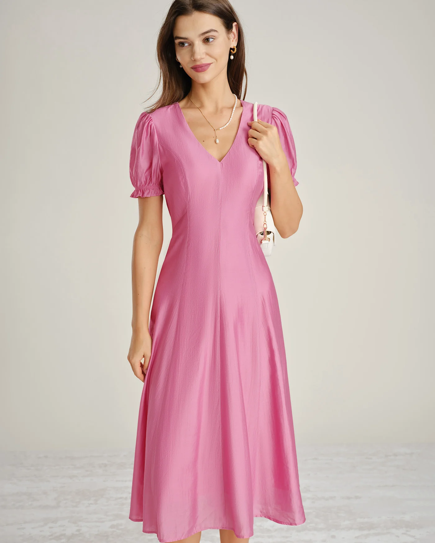 Pink Puffed Sleeve Sheer Midi Dress - Image 3
