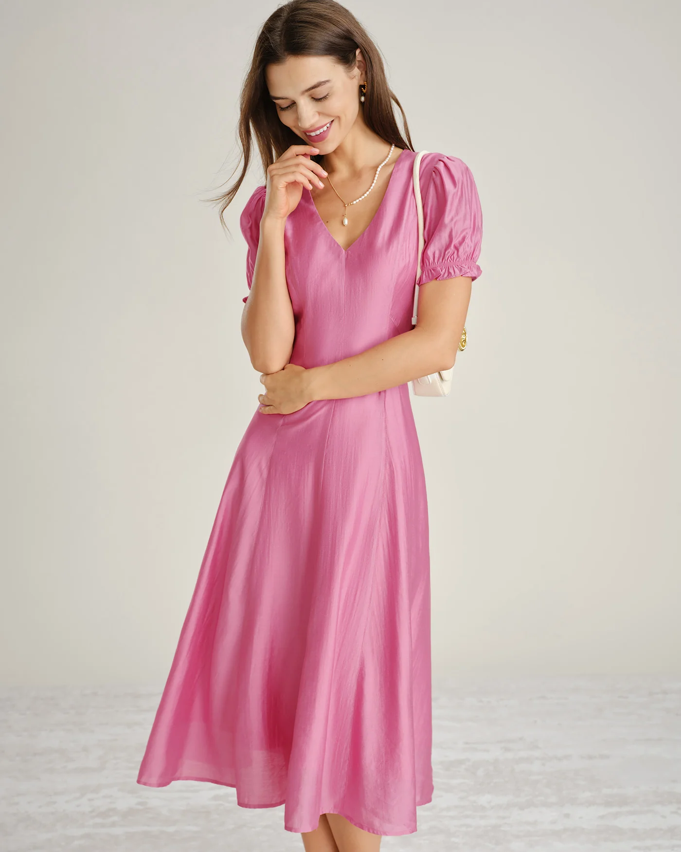 Pink Puffed Sleeve Sheer Midi Dress - Image 4
