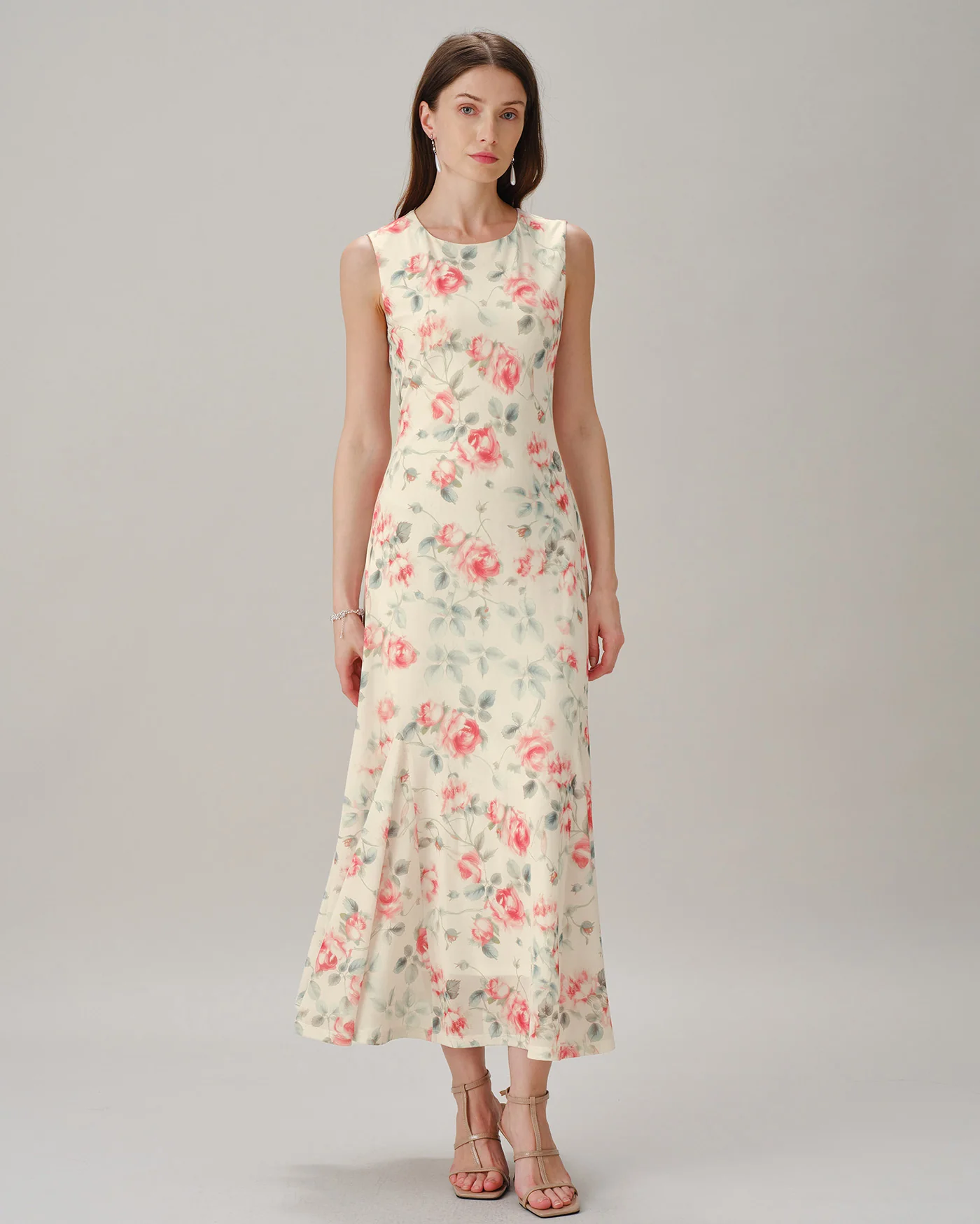 Pink Round Neck Sleeveless Floral Maxi Dress