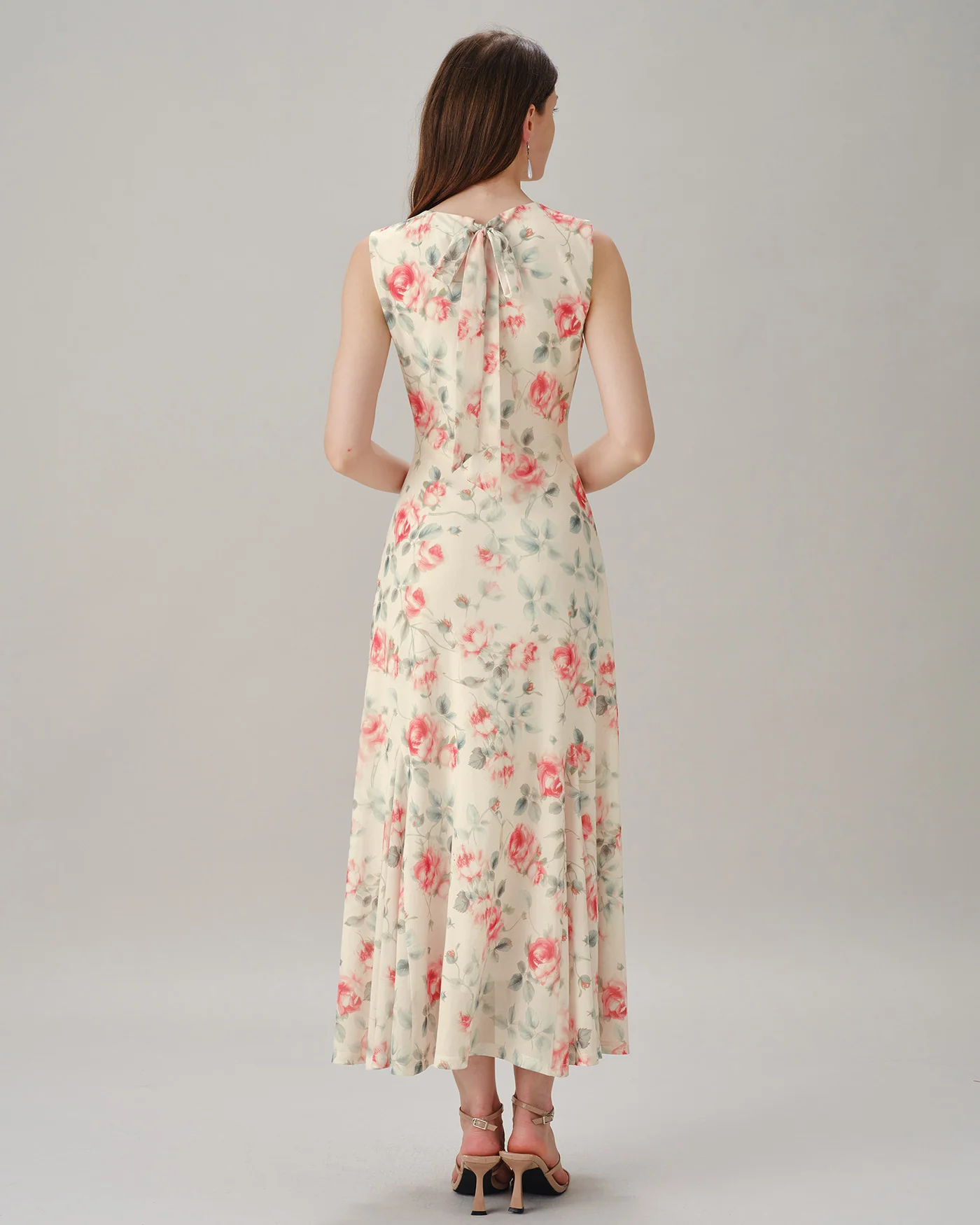Pink Round Neck Sleeveless Floral Maxi Dress - Image 6
