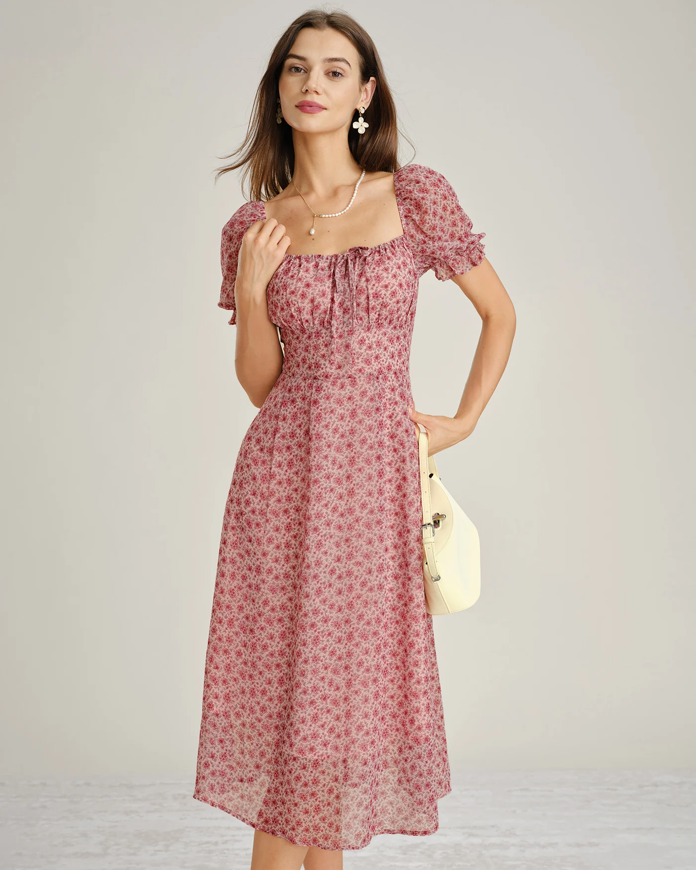 Pink Square Neck Floral Chiffon Midi Dress - Image 4