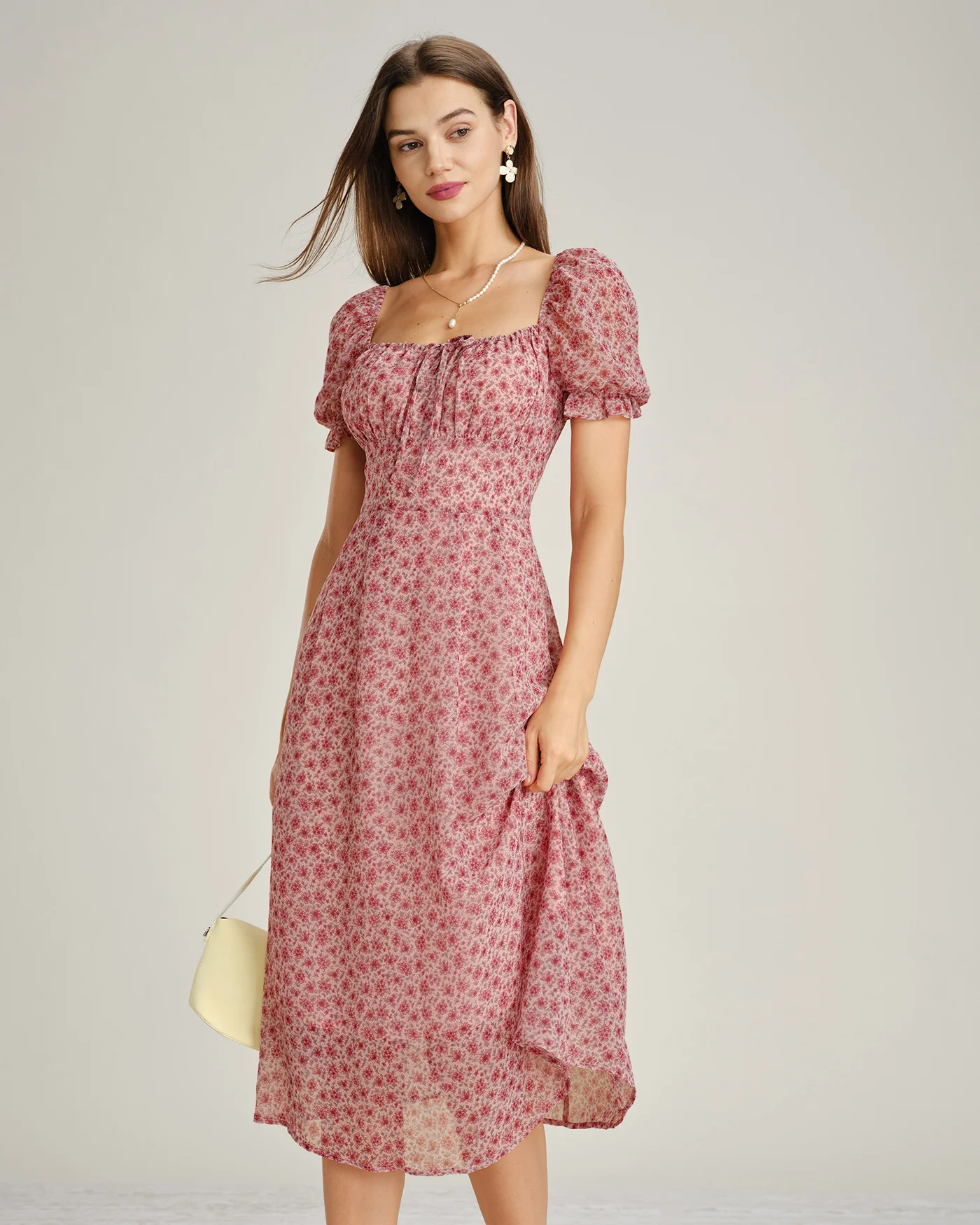 Pink Square Neck Floral Chiffon Midi Dress - Image 5