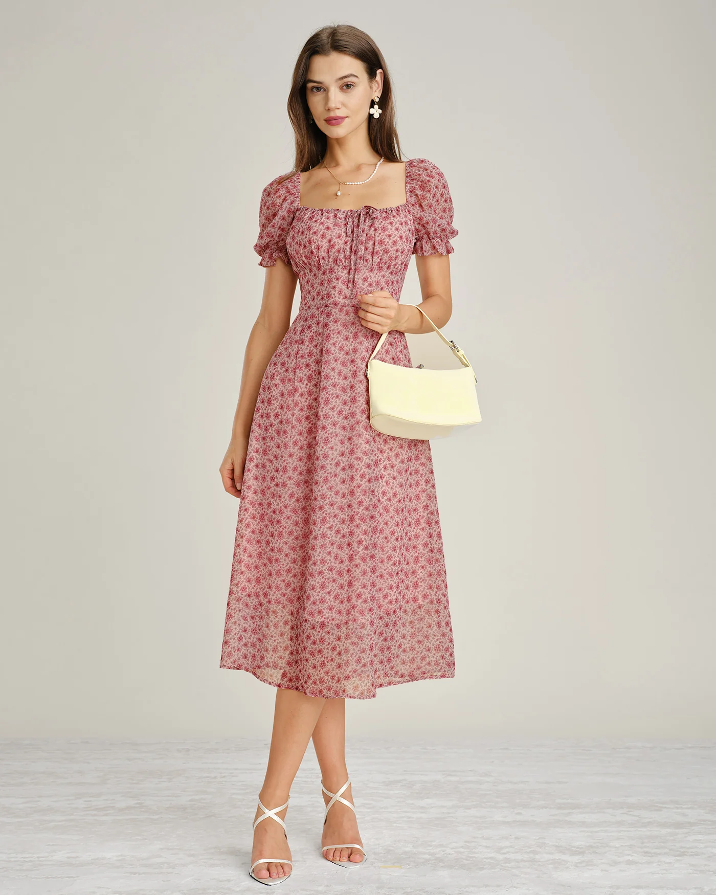 Pink Square Neck Floral Chiffon Midi Dress - Image 6