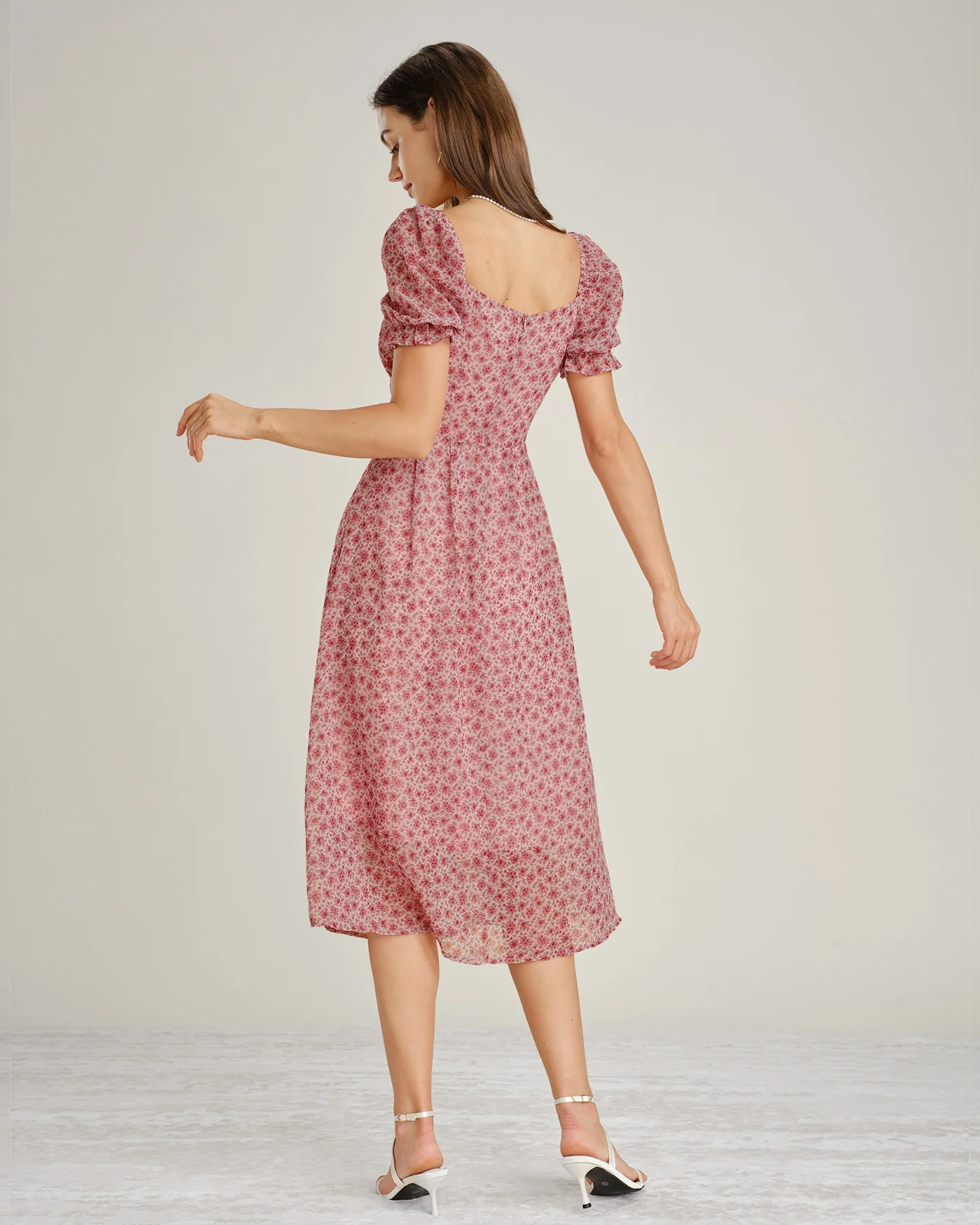 Pink Square Neck Floral Chiffon Midi Dress - Image 7