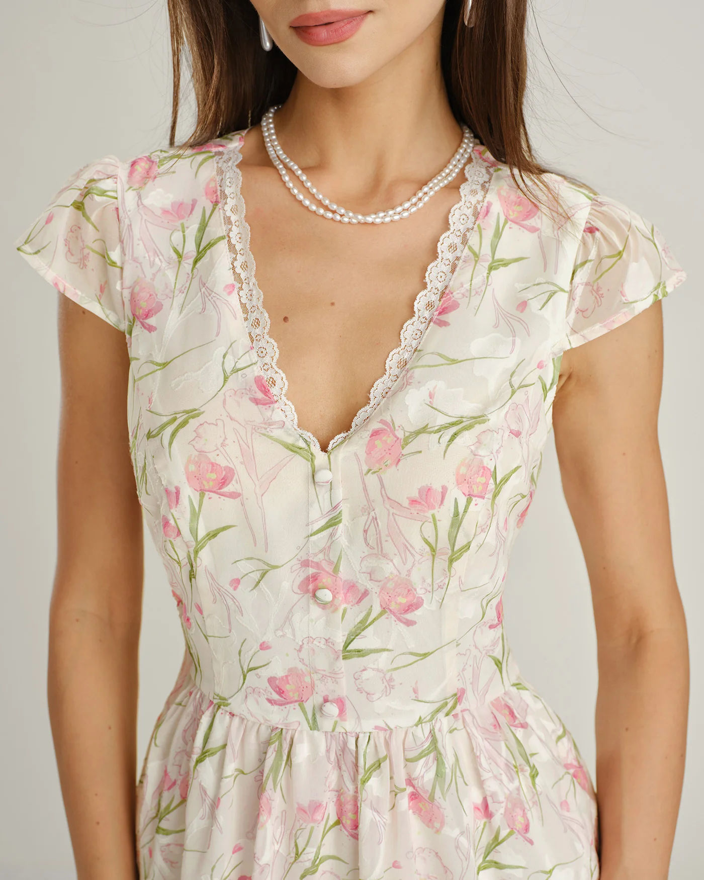 Pink V Neck Lace Floral Midi Dress - Image 3
