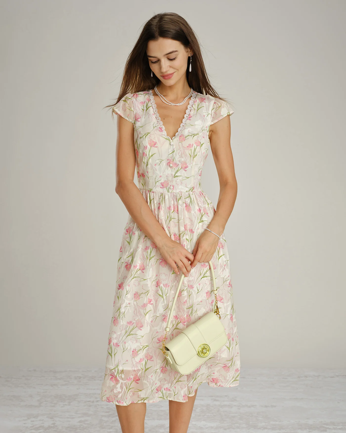 Pink V Neck Lace Floral Midi Dress - Image 4