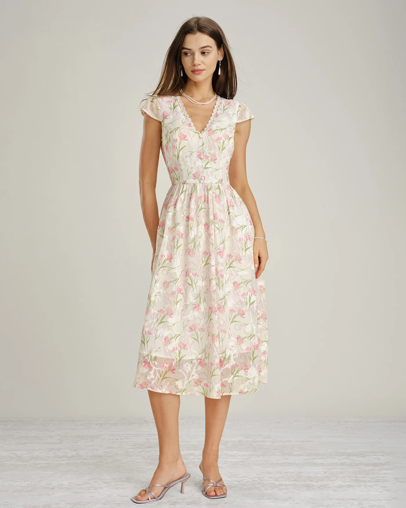 Pink V Neck Lace Floral Midi Dress - Image 5