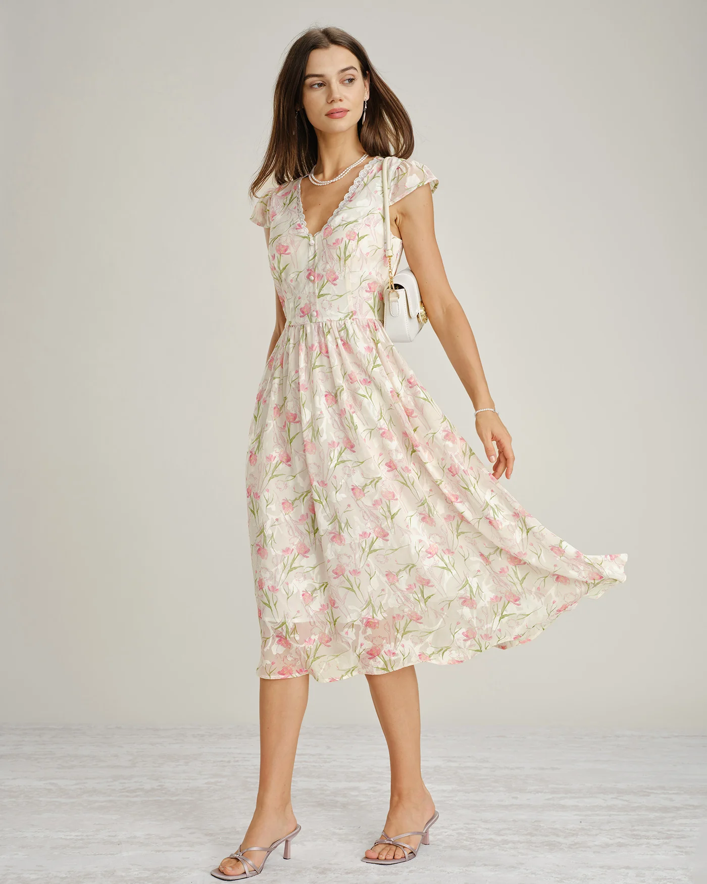 Pink V Neck Lace Floral Midi Dress - Image 6