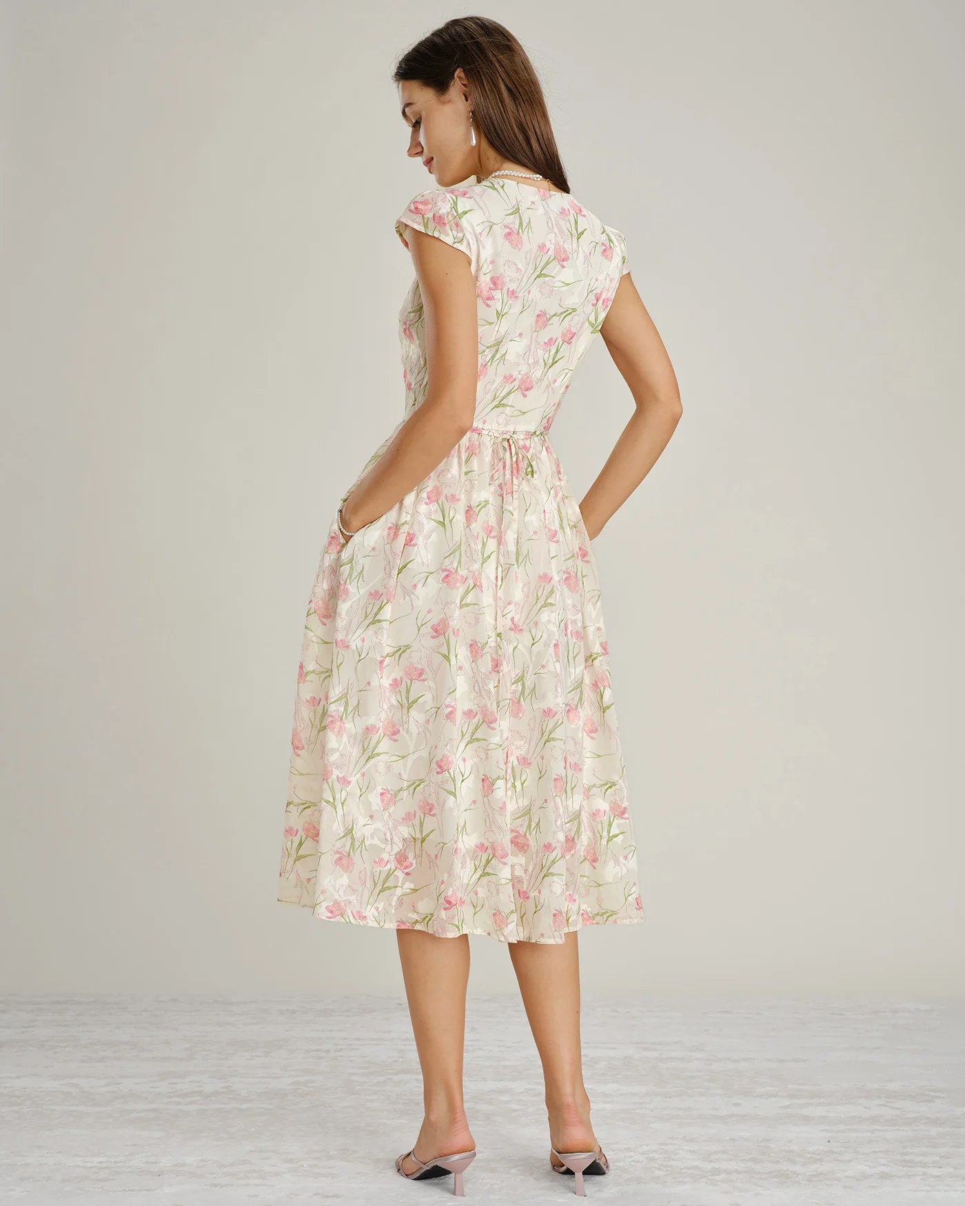 Pink V Neck Lace Floral Midi Dress - Image 7