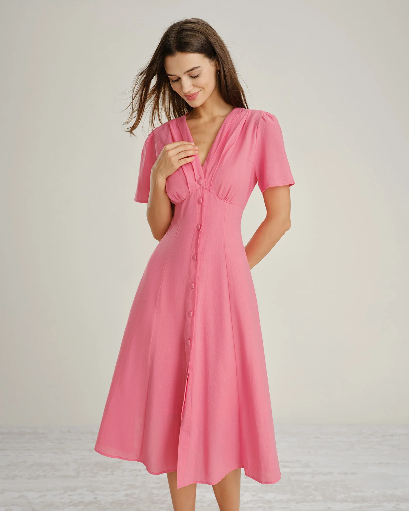 Pink V Neck Ruched Button Midi Dress - Image 2