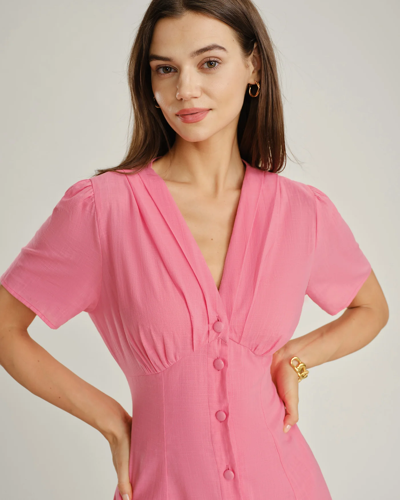 Pink V Neck Ruched Button Midi Dress - Image 3