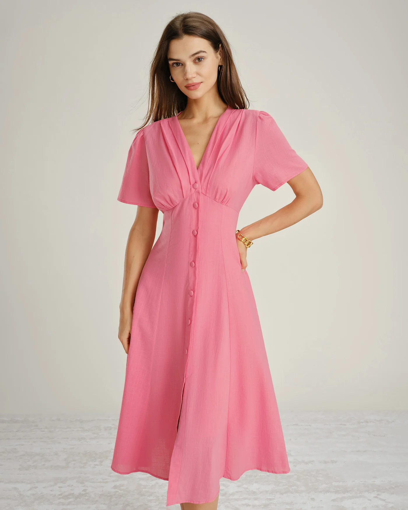 Pink V Neck Ruched Button Midi Dress - Image 4