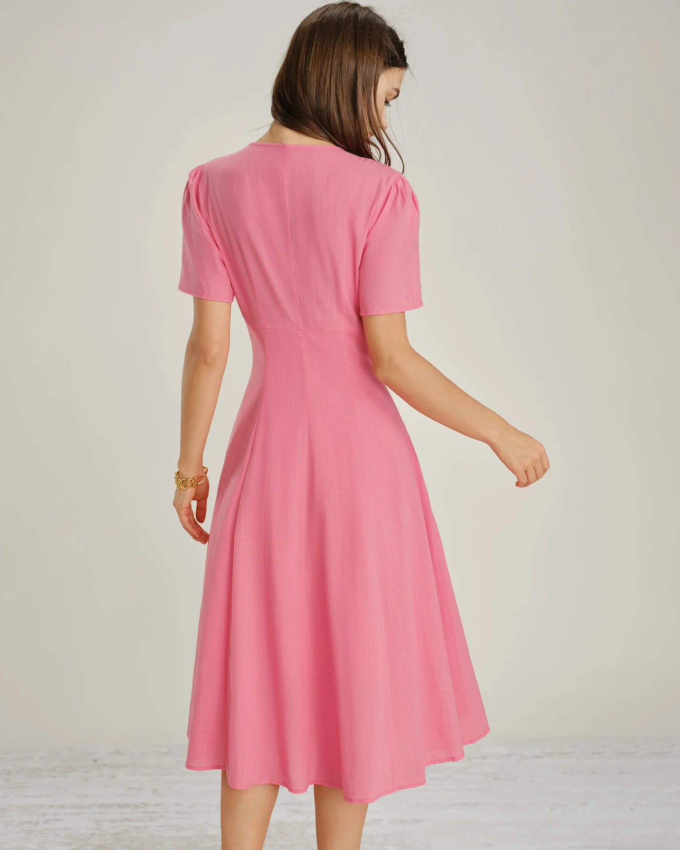 Pink V Neck Ruched Button Midi Dress - Image 7
