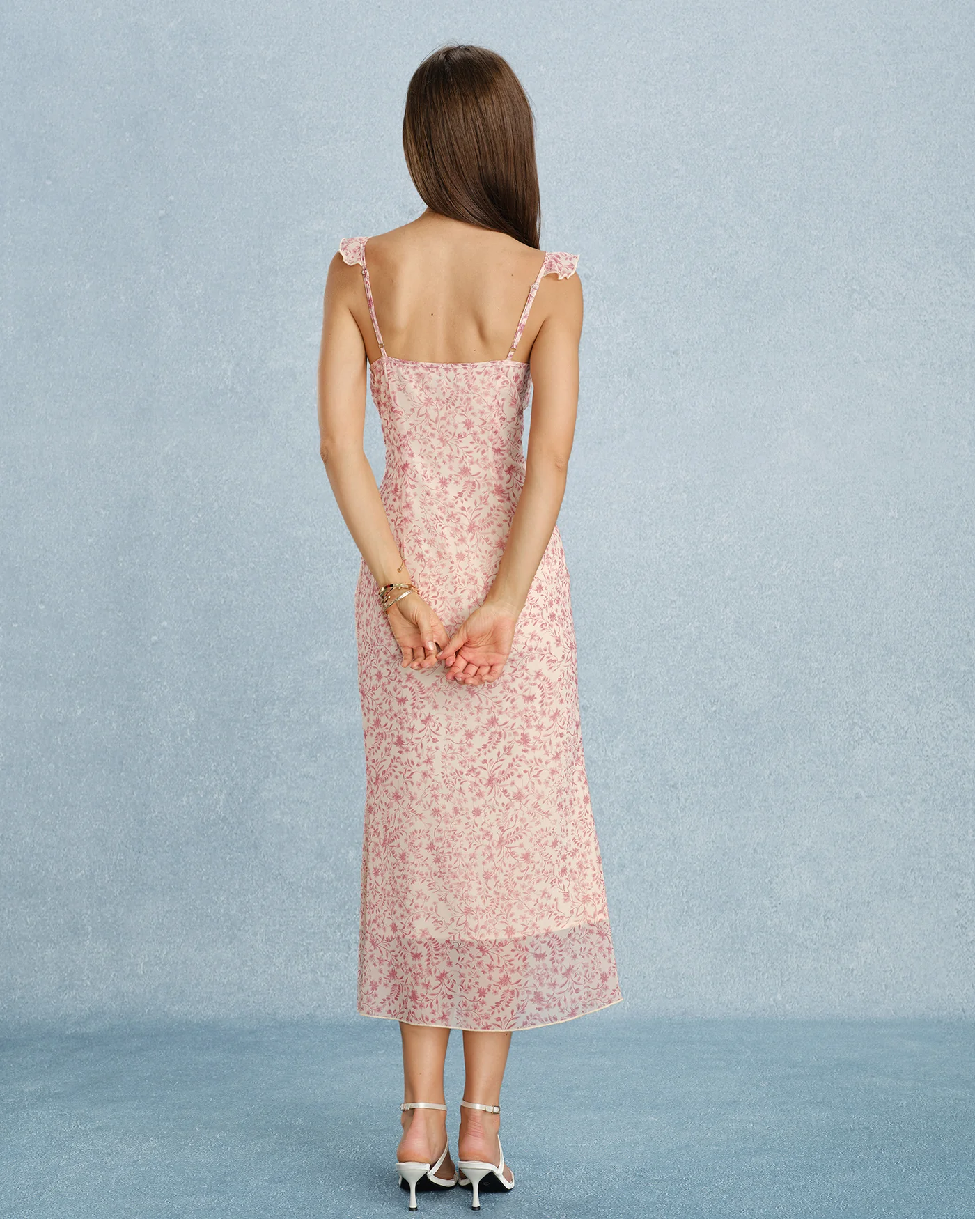 Pink V Neck Tie Ruffle Midi Dress - Image 7