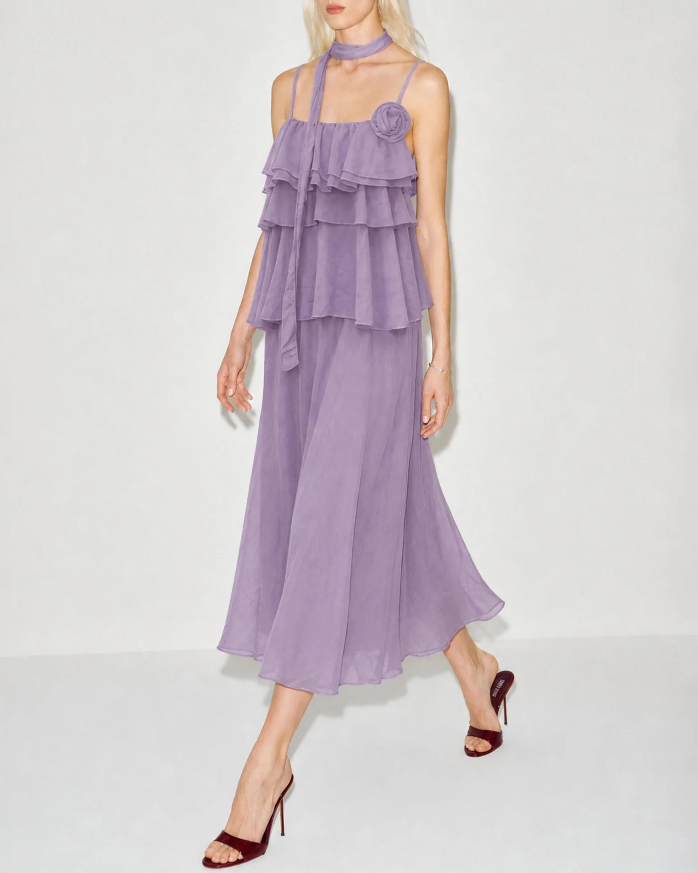 Purple Flowers Ruffle Slip Midi Dress - Image 4