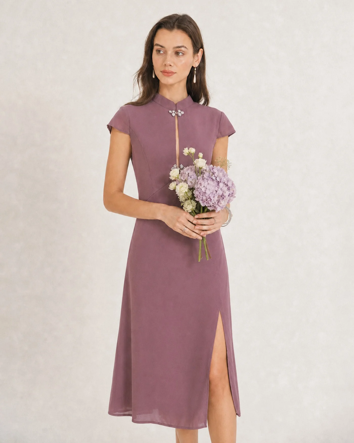 Purple Mandarin Collar Chiffon Midi Dress - Image 2