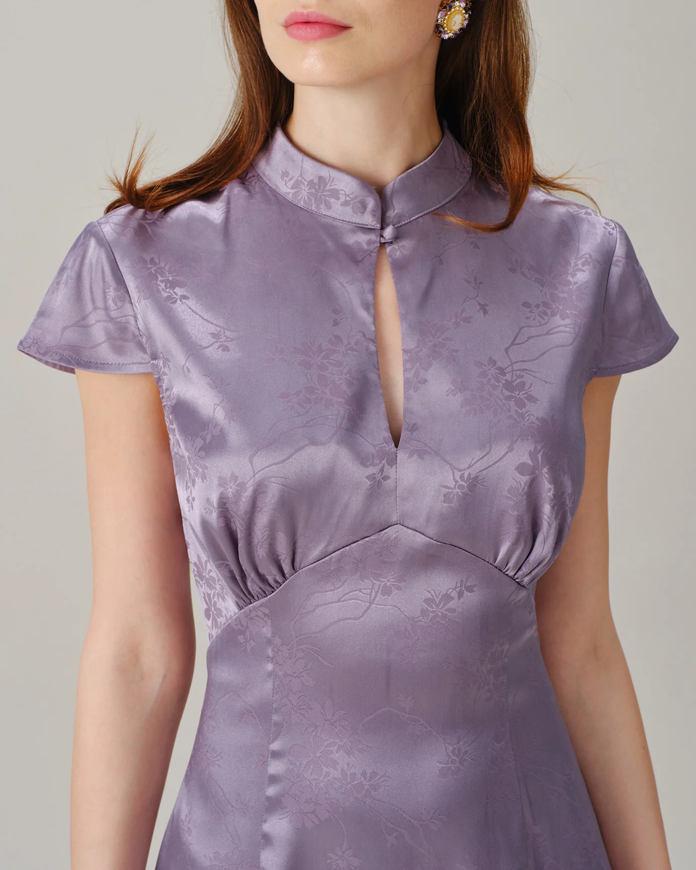 Purple Mandarin Collar Slit Satin Maxi Dress - Image 2