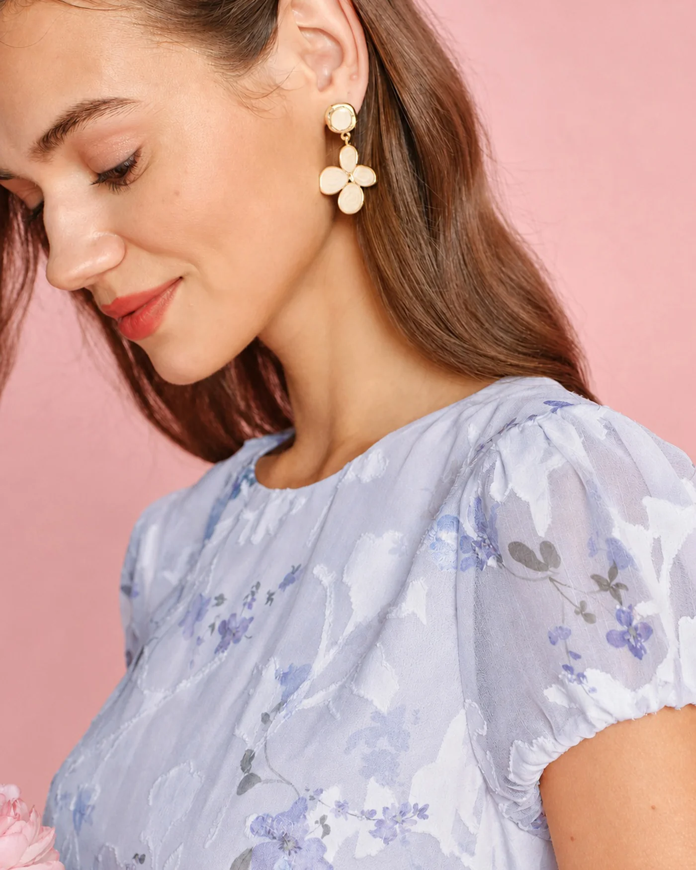 Purple Puffed Sleeve Jacquard Midi Dress - Image 2
