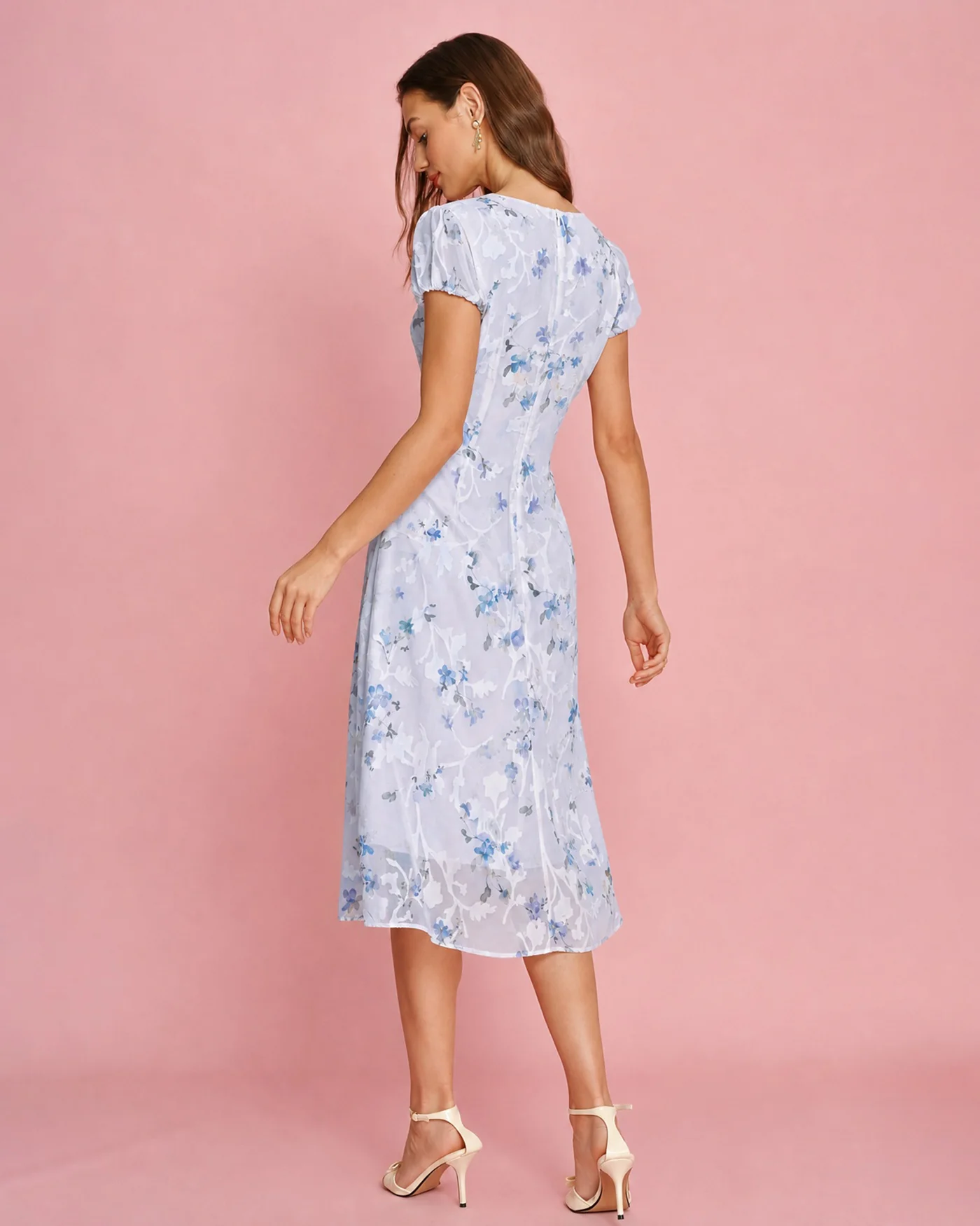 Purple Puffed Sleeve Jacquard Midi Dress - Image 3