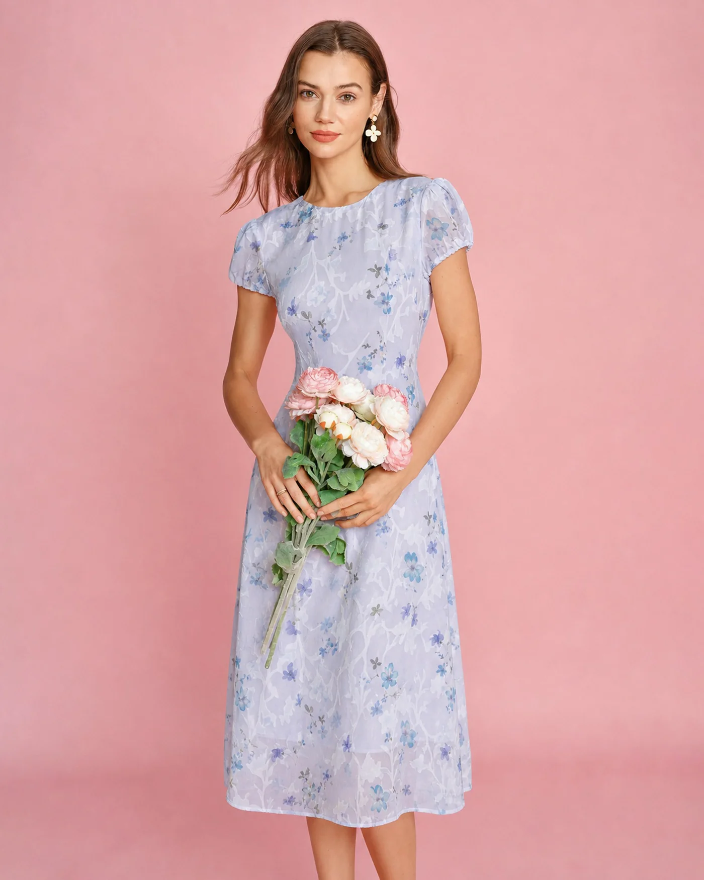Purple Puffed Sleeve Jacquard Midi Dress - Image 4