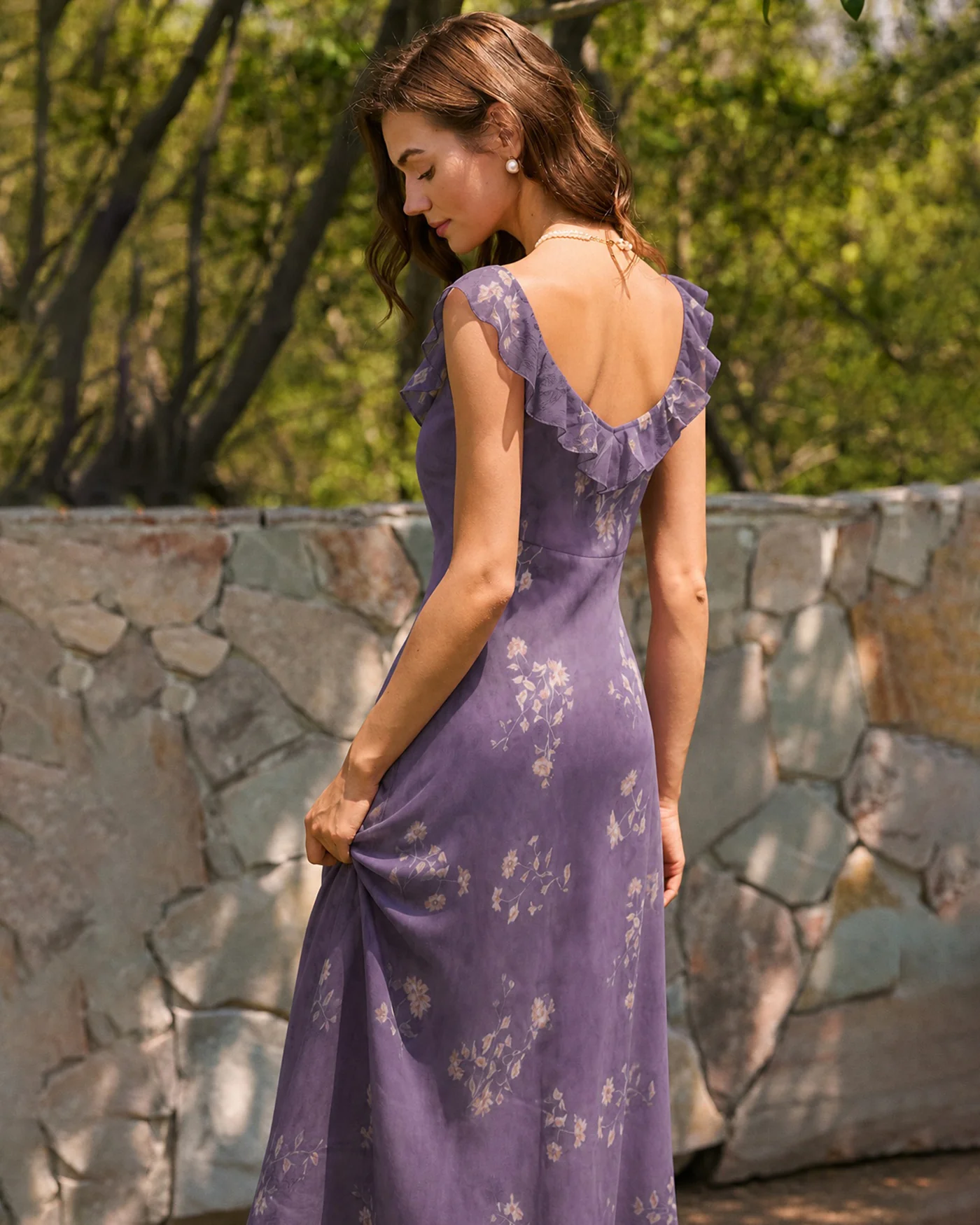 Purple Tie Floral Ruffle Maxi Dress - Image 5