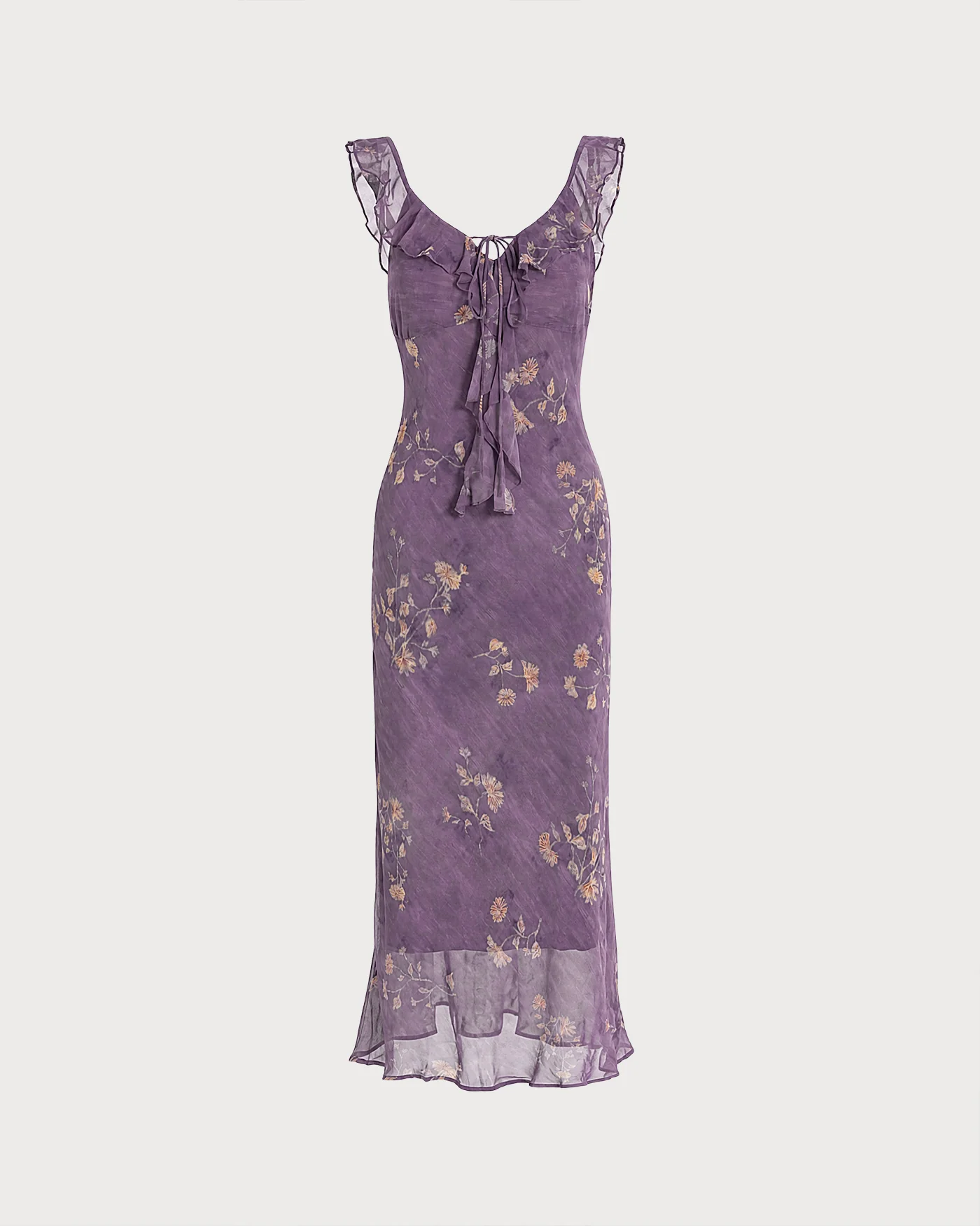 Purple Tie Floral Ruffle Maxi Dress - Image 6
