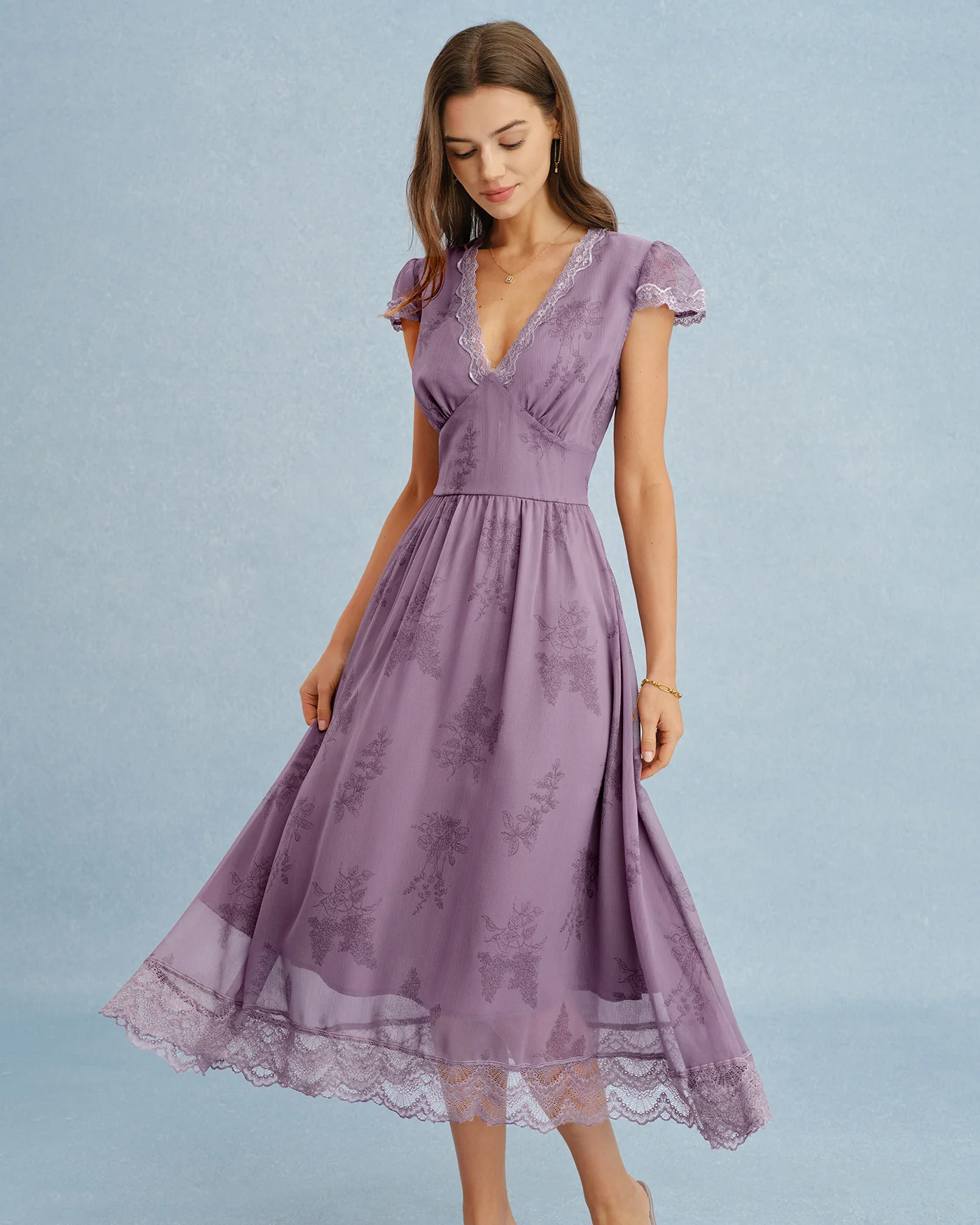 Purple V Neck Lace Splicing Midi Dress - Image 3