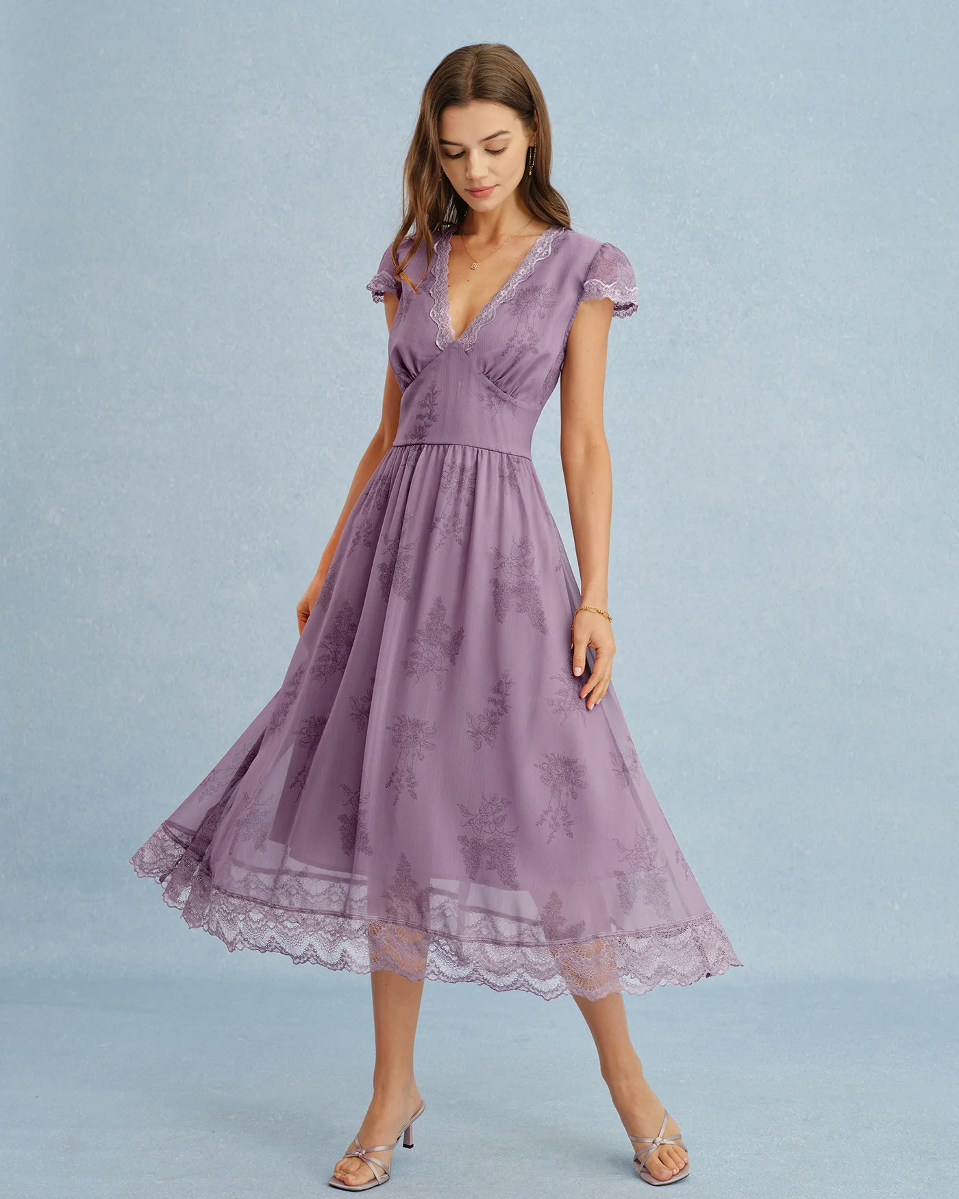 Purple V Neck Lace Splicing Midi Dress - Image 4
