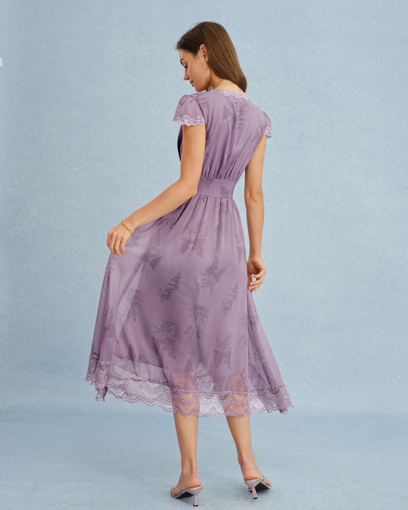 Purple V Neck Lace Splicing Midi Dress - Image 5