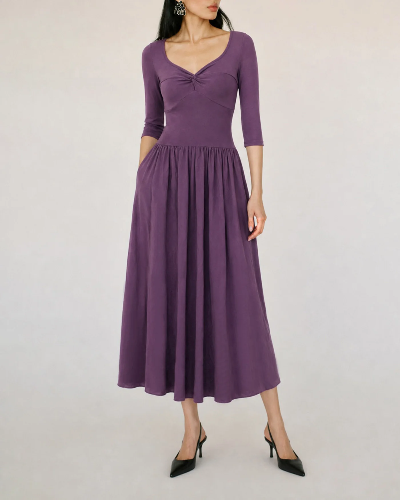 Purple V Neck Ruched A-Line Maxi Dress - Image 3