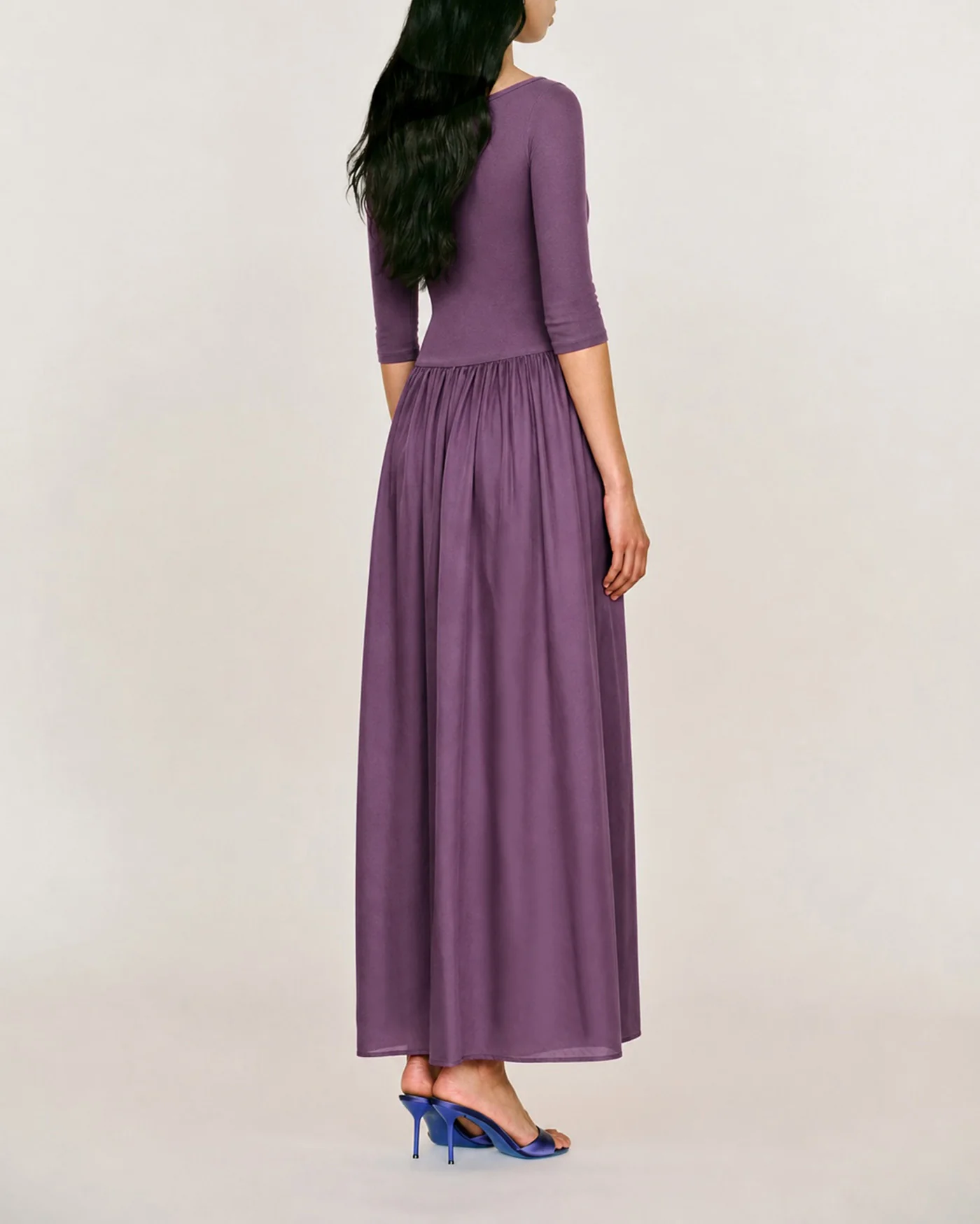 Purple V Neck Ruched A-Line Maxi Dress - Image 4