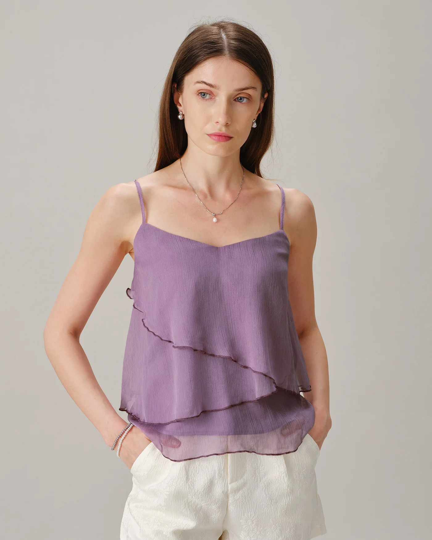 Purple V Neck Ruffle Chiffon Cami Top - Image 3