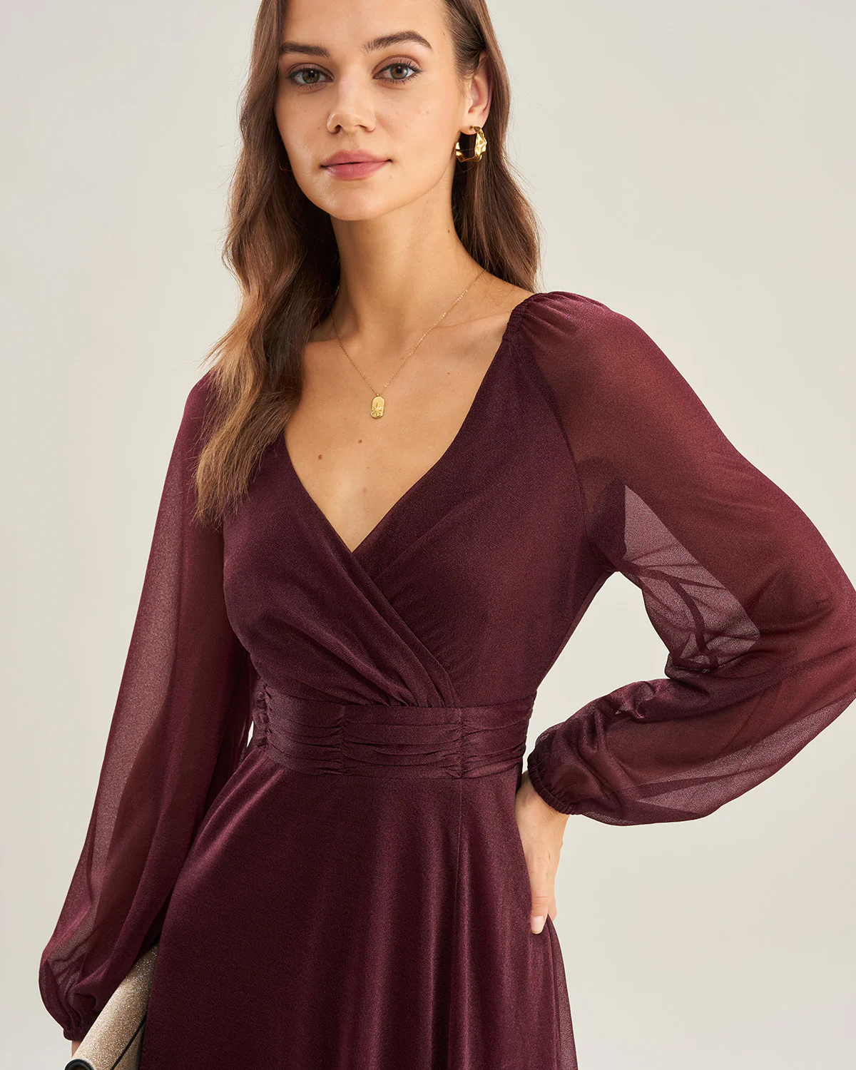 Purple V Neck See Through A-Line Maxi Dresses - Image 2
