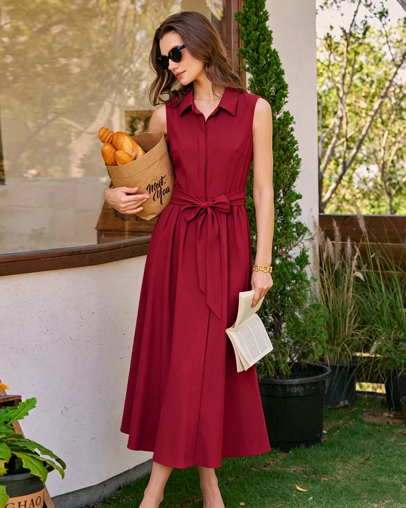 Red Collar Belt Button Midi Dress - Image 2