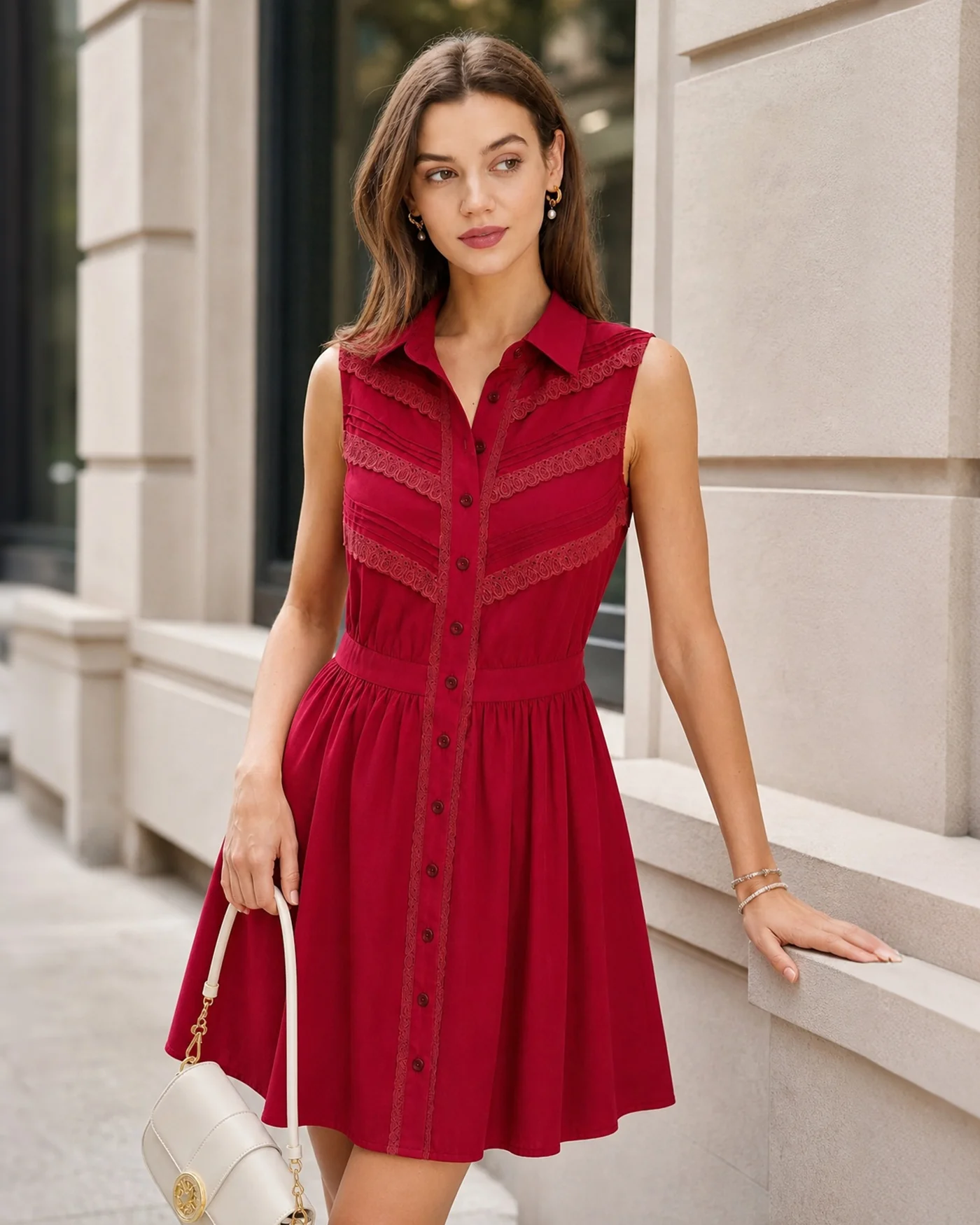Red Collar Lace Button Mini Dress - Image 2