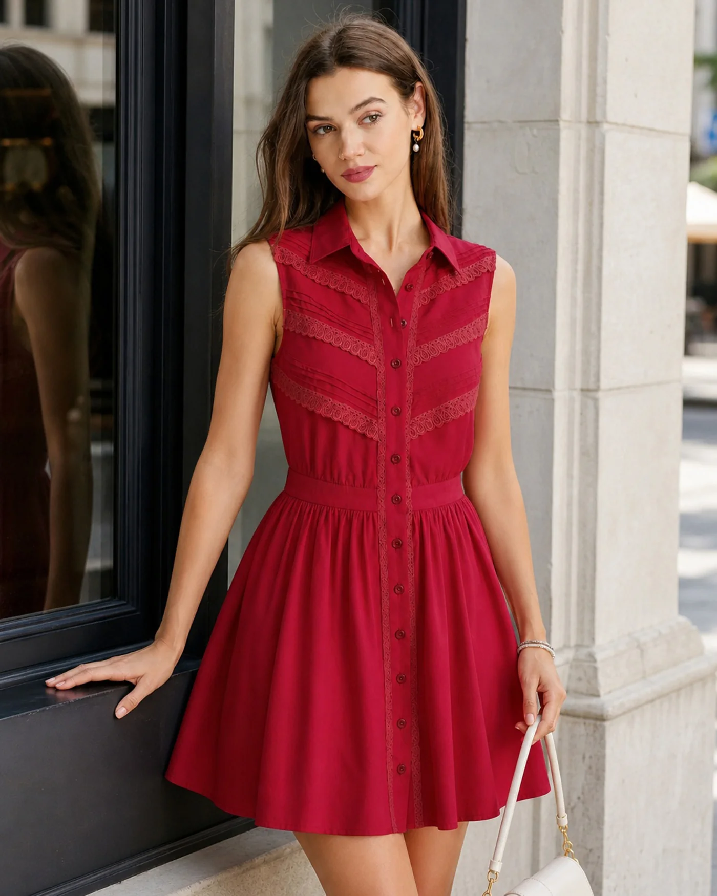 Red Collar Lace Button Mini Dress - Image 3
