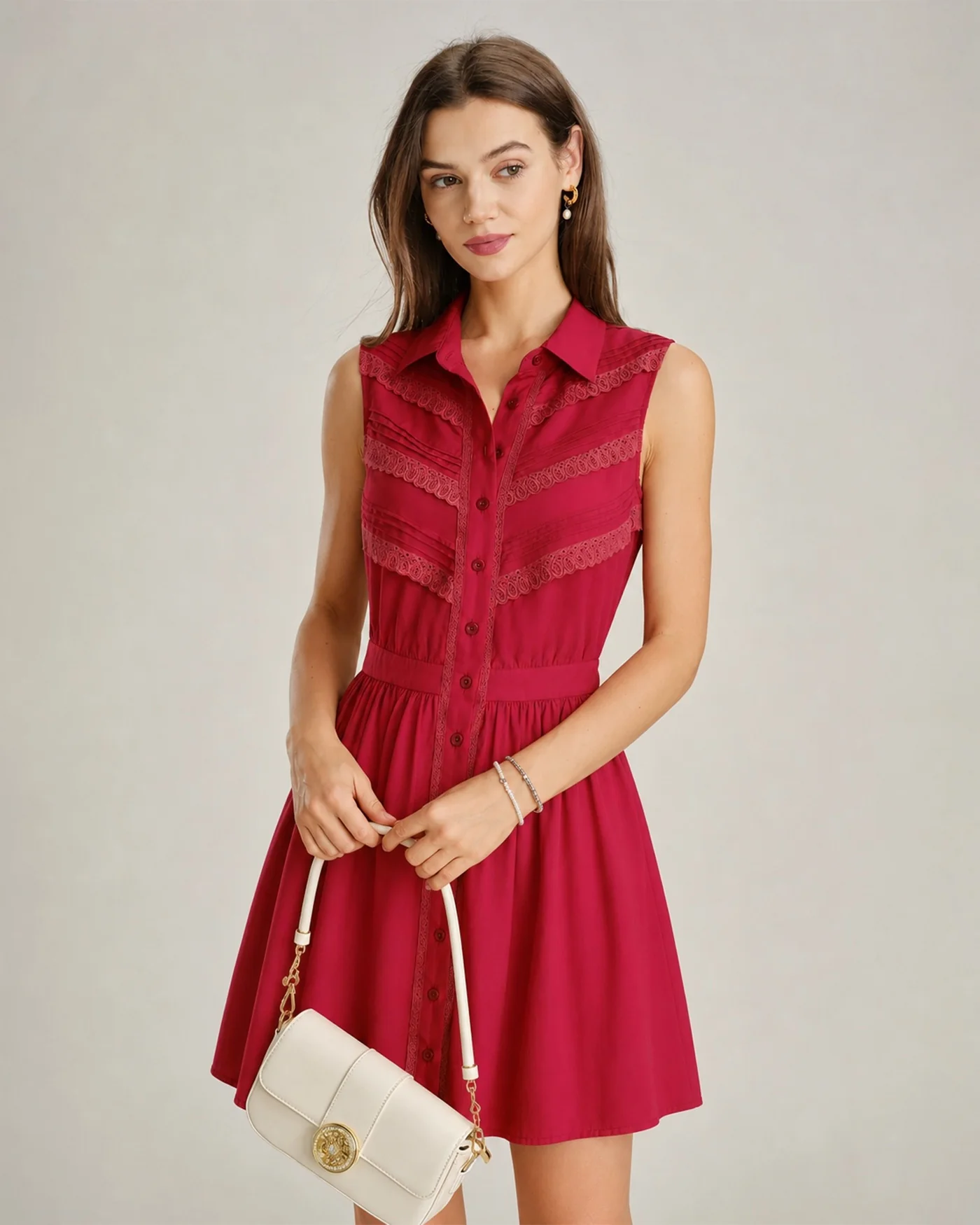 Red Collar Lace Button Mini Dress - Image 5