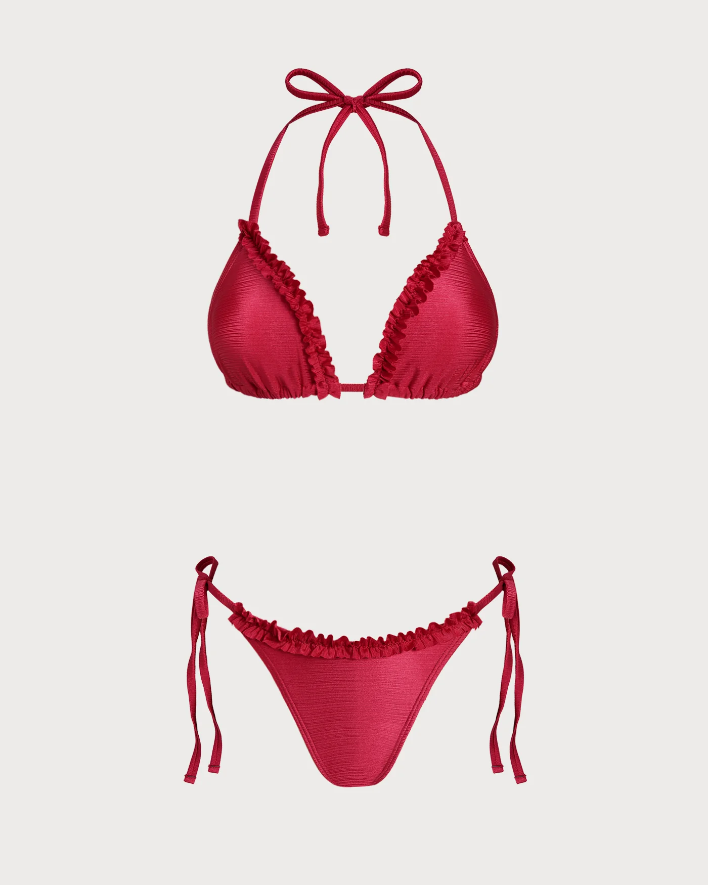 Red Halter Ruffled Triangle Bikini Set - Image 5