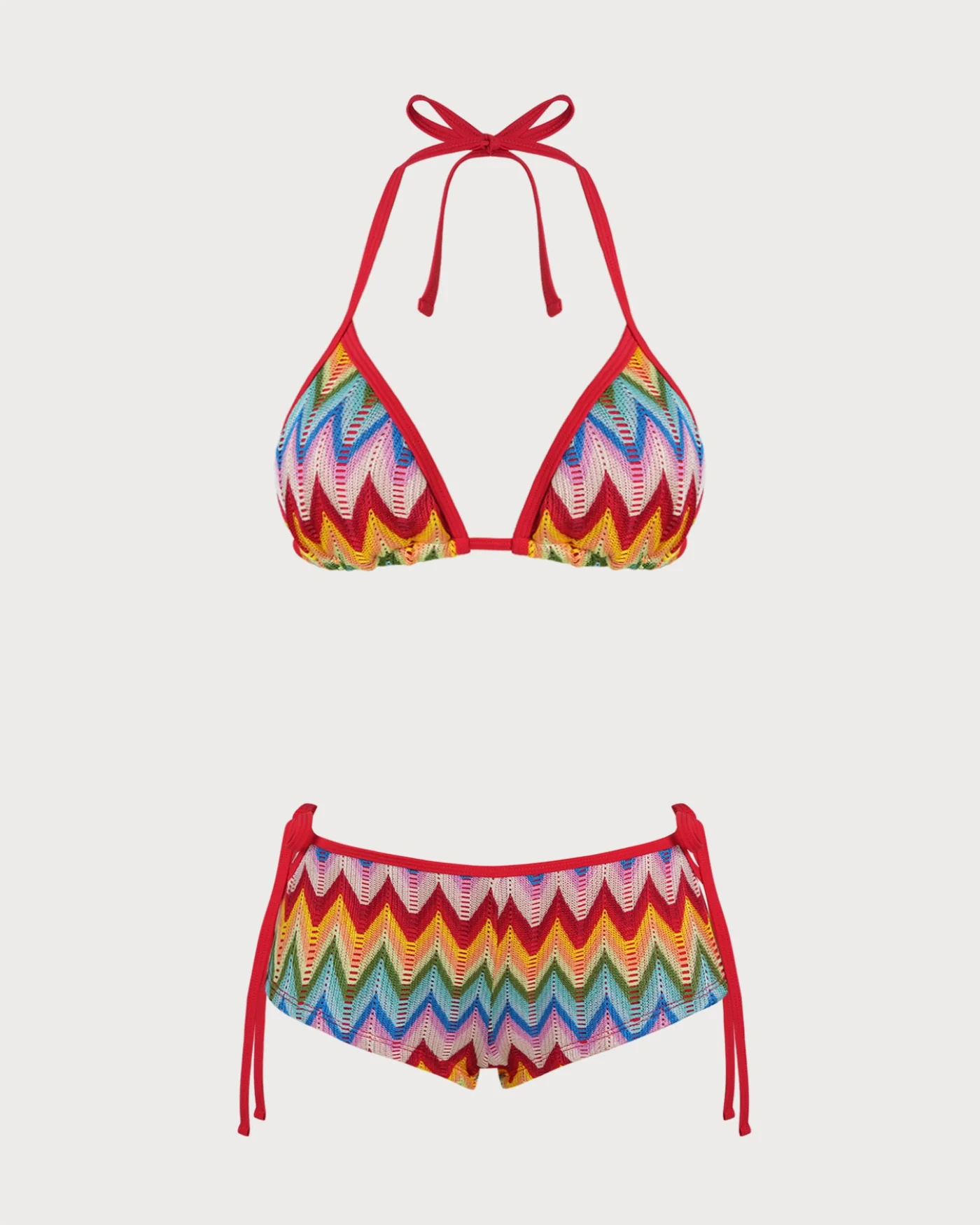 Red Halter Textured Contrasting Bikini Set - Image 2