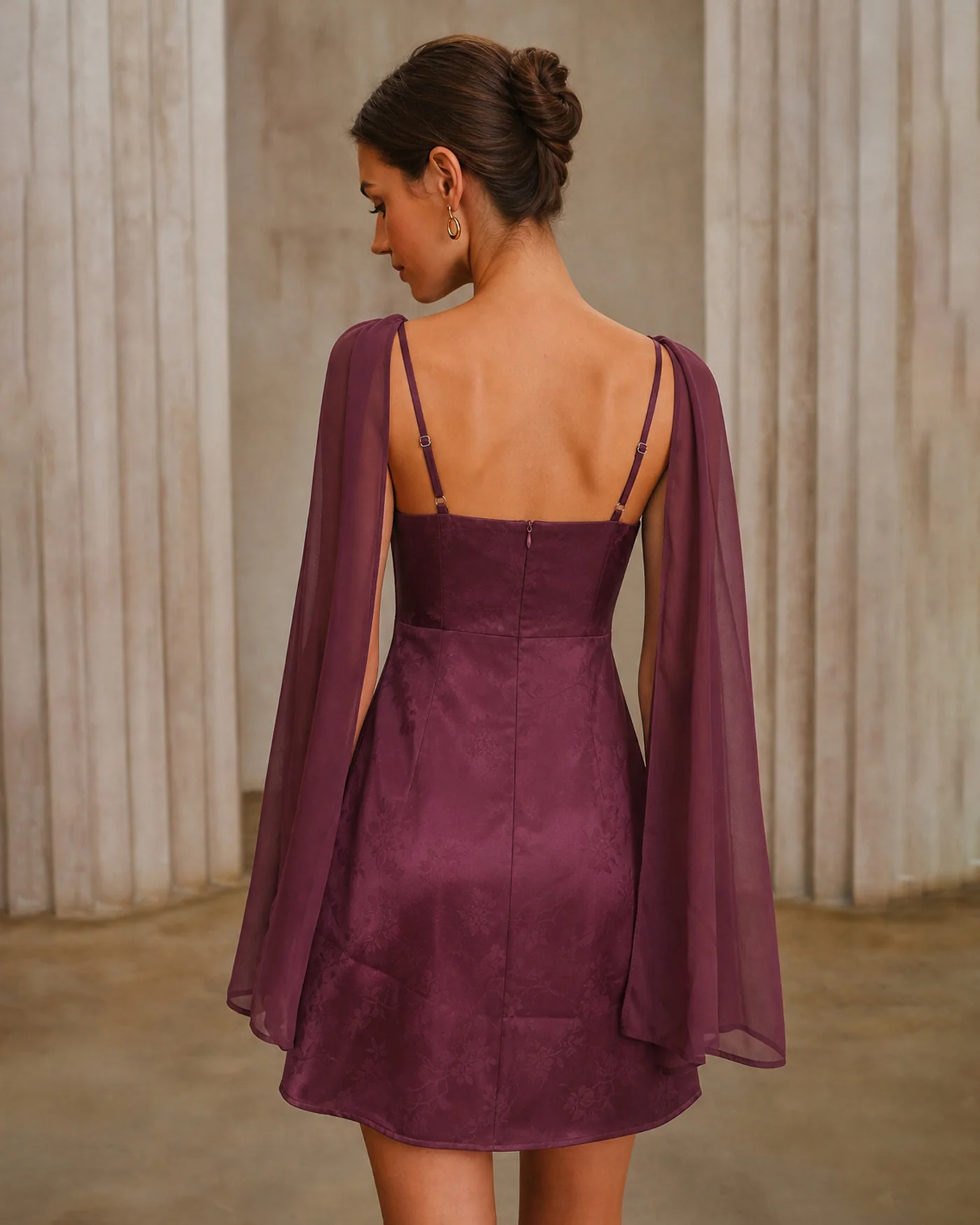 Red Jacquard Flowy Chiffon Mini Dress - Image 3