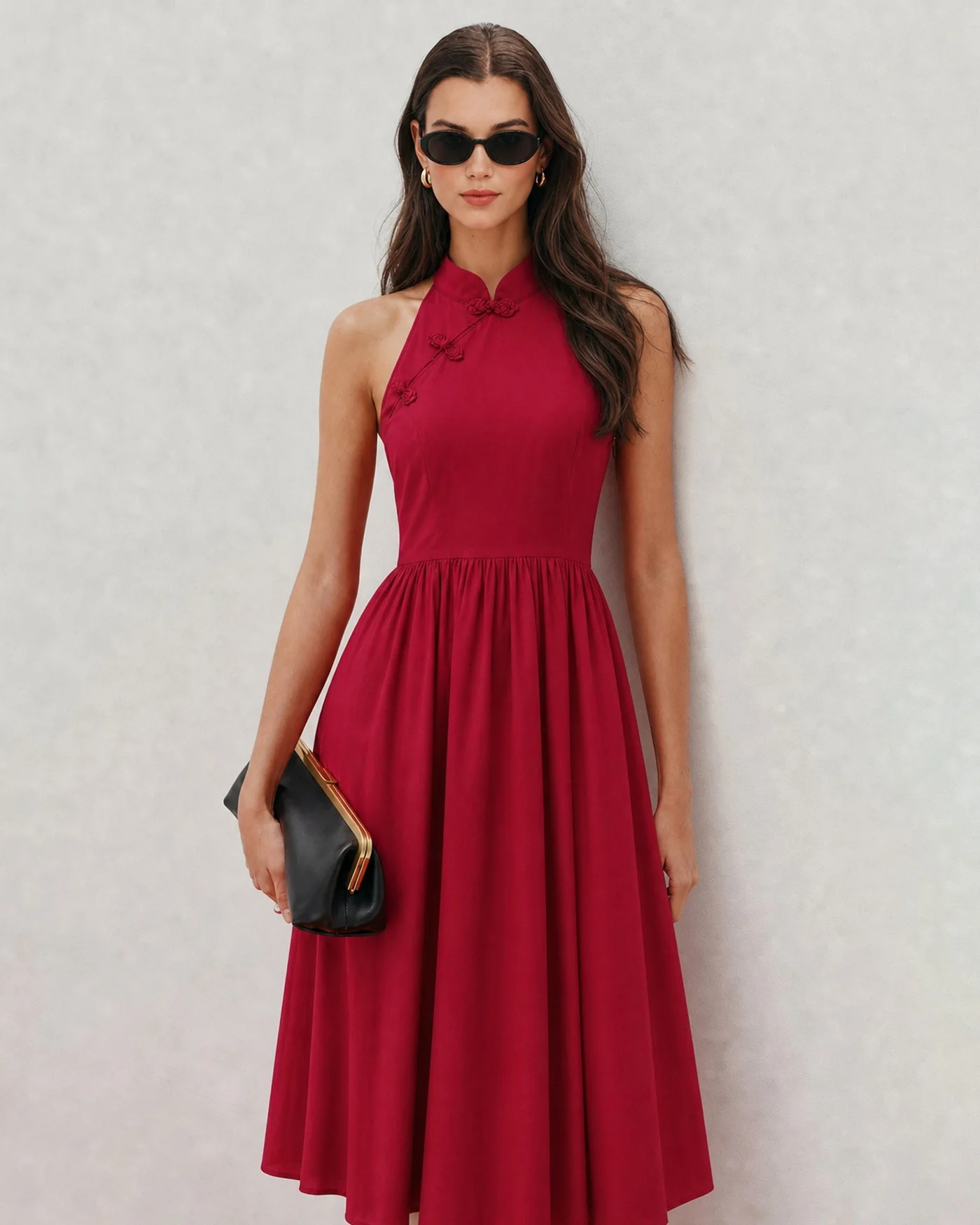 Red Mandarin Collar Pockets Midi Dress - Image 3
