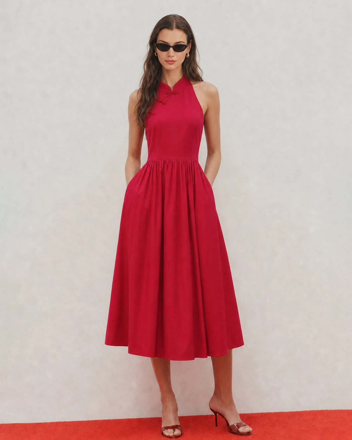 Red Mandarin Collar Pockets Midi Dress - Image 4
