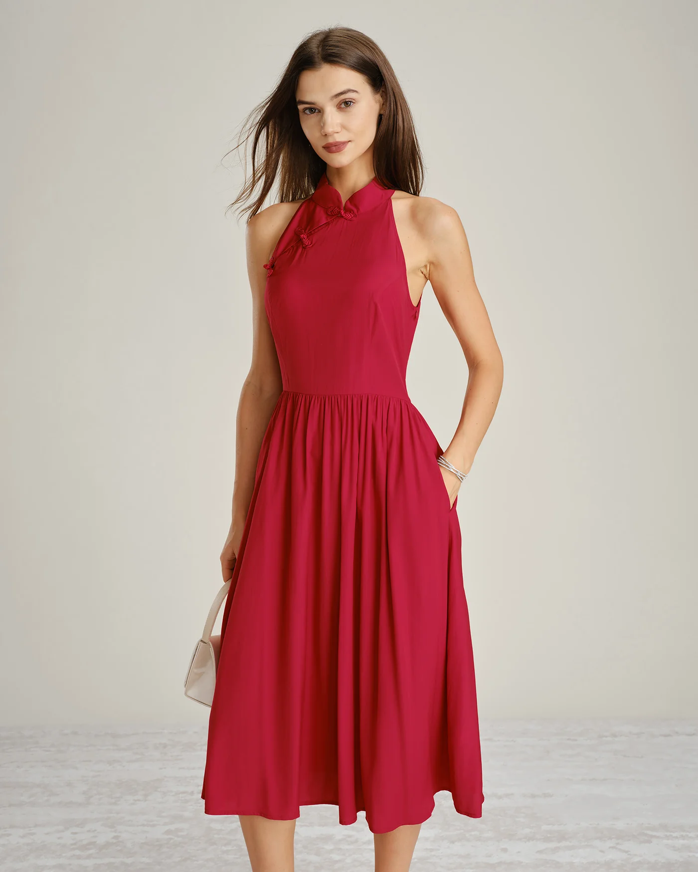 Red Mandarin Collar Pockets Midi Dress - Image 5